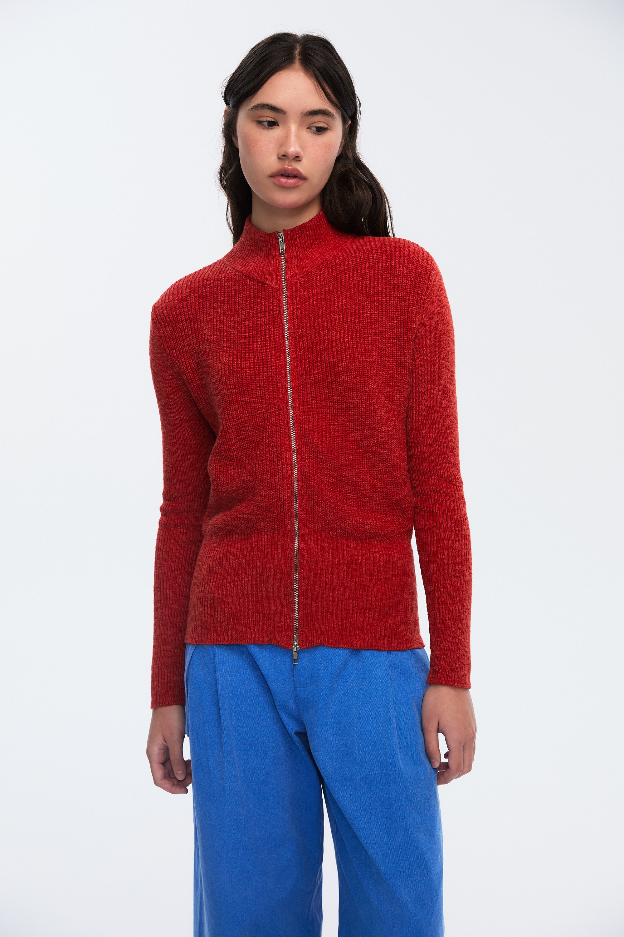 OTHER STORE Flex Two-Way Zip Stand-Collar Ingot Knit Cardigan In Red