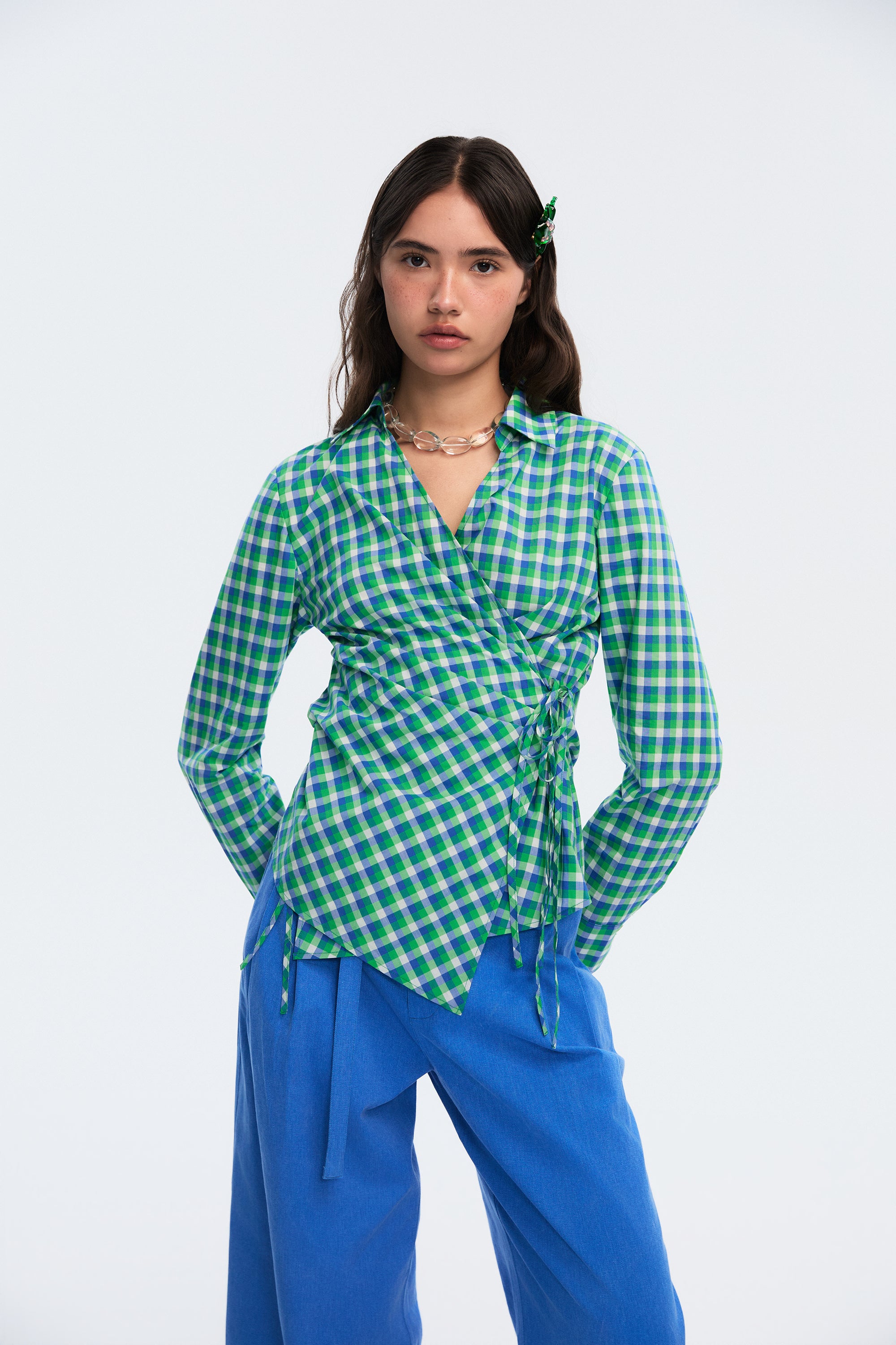 OTHER STORE Pivot Double-Placket Wrap Tie-Waist Shirt In Check