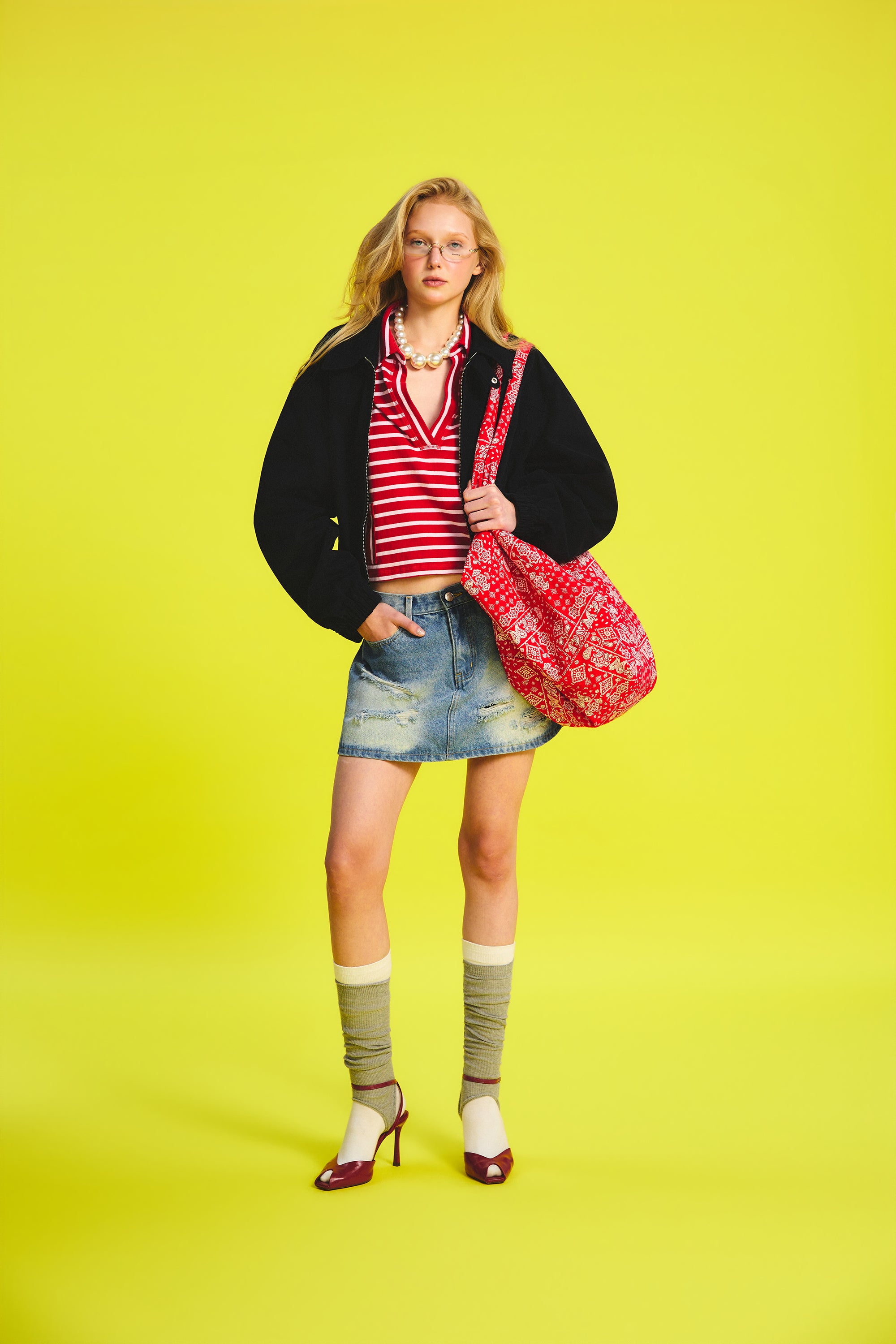 OTHER STORE Shift V-Neck Lapel Striped Boxy Top In Red