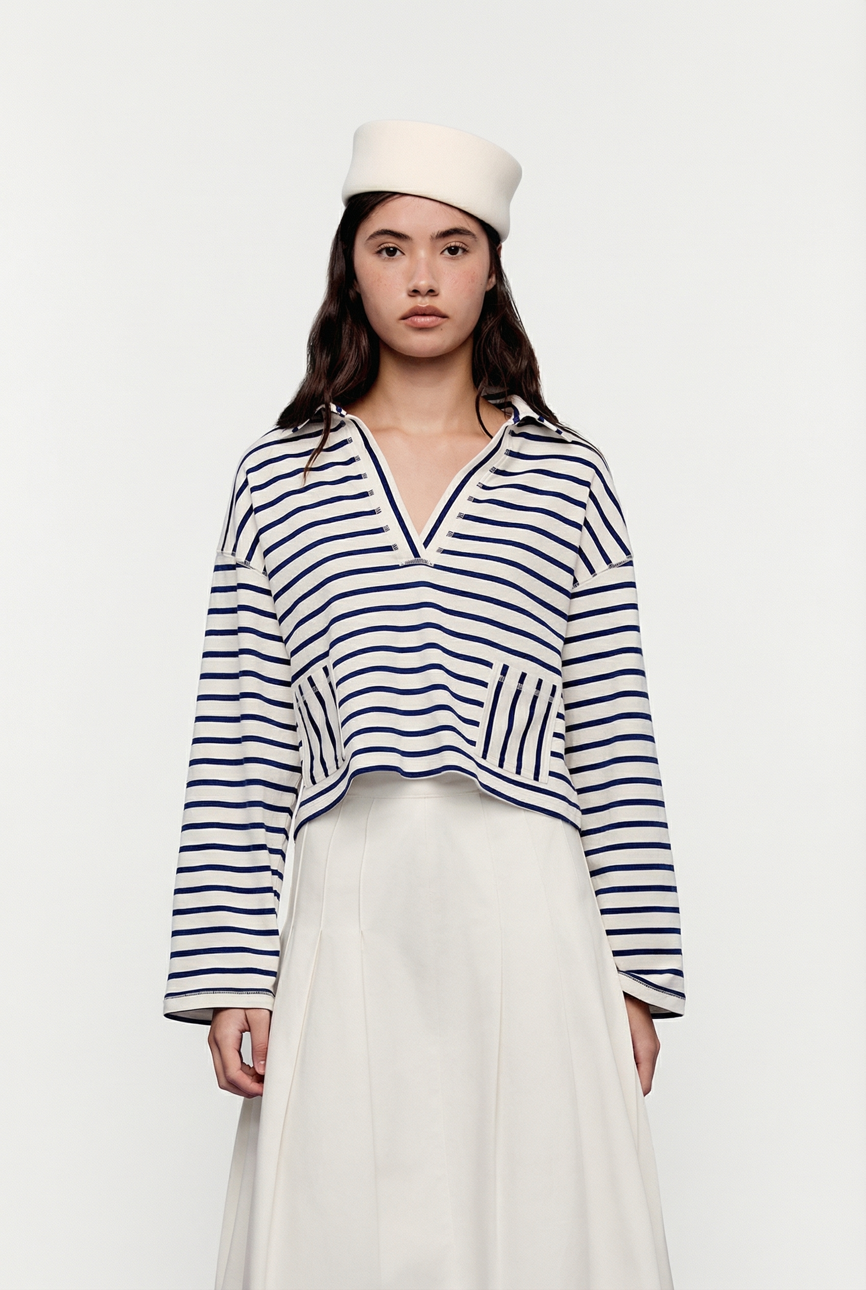 OTHER STORE Shift V-Neck Lapel Striped Boxy Top In Navy