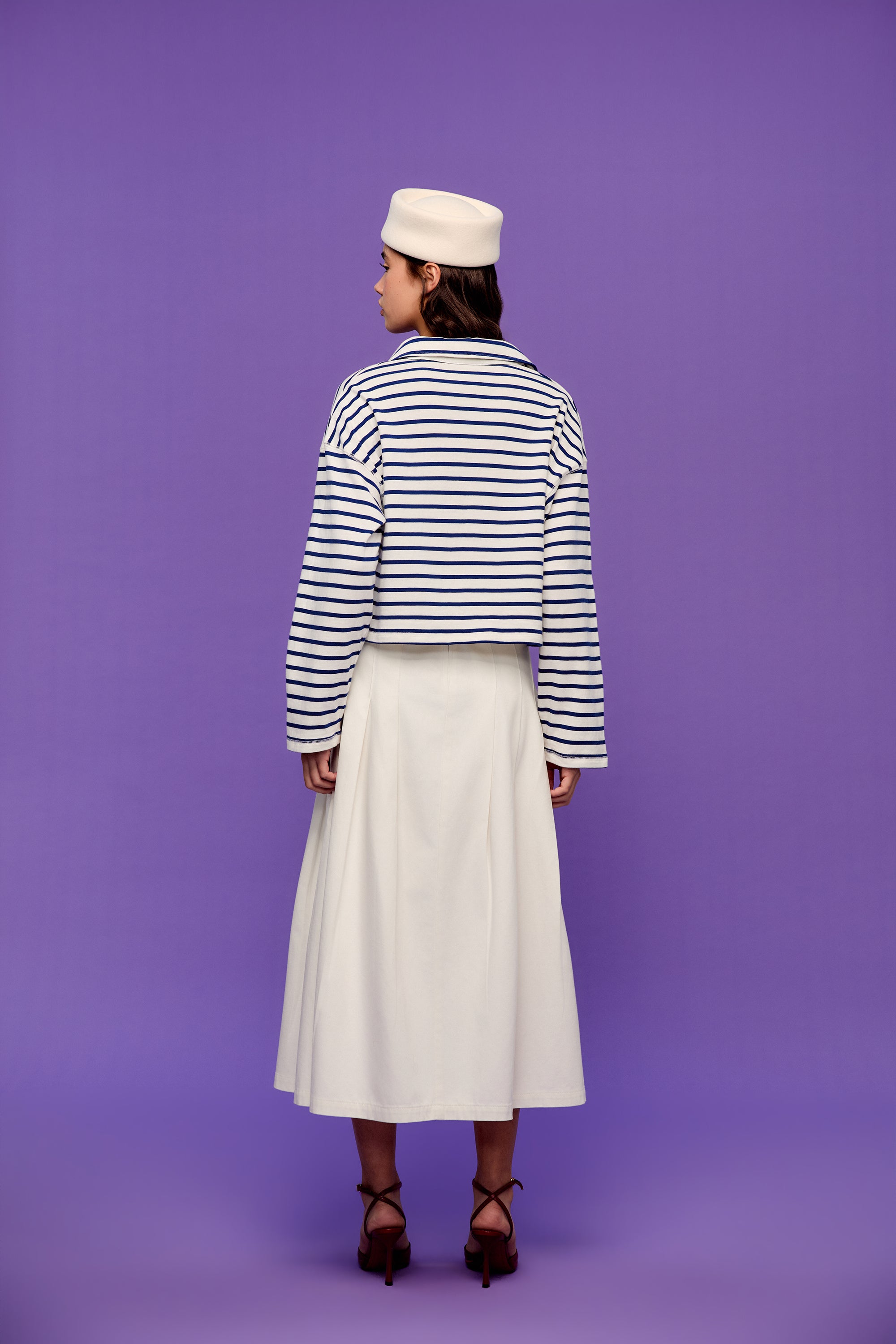 OTHER STORE Shift V-Neck Lapel Striped Boxy Top In Navy