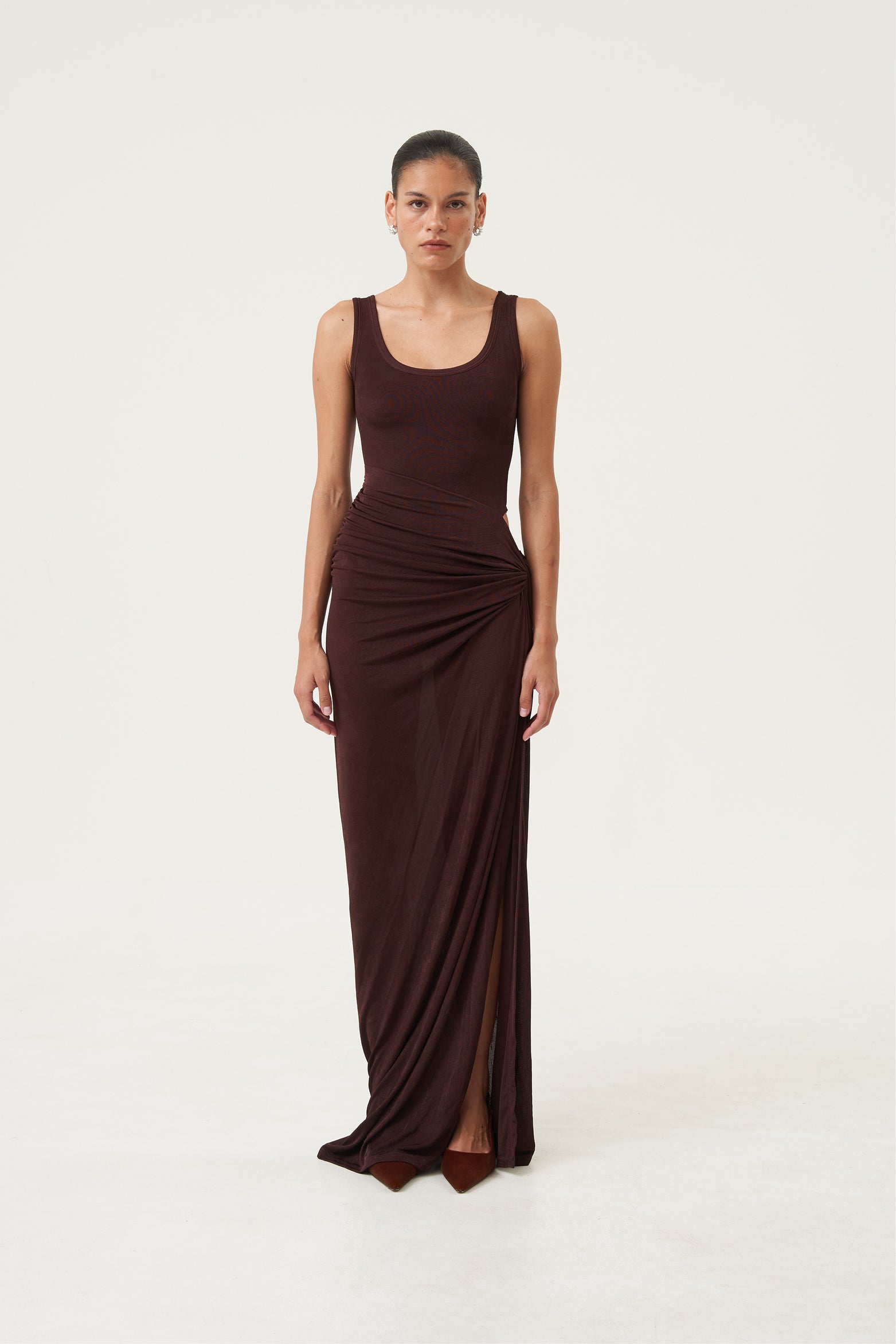 Solea Cutout Drape Dress Wine Chestnut