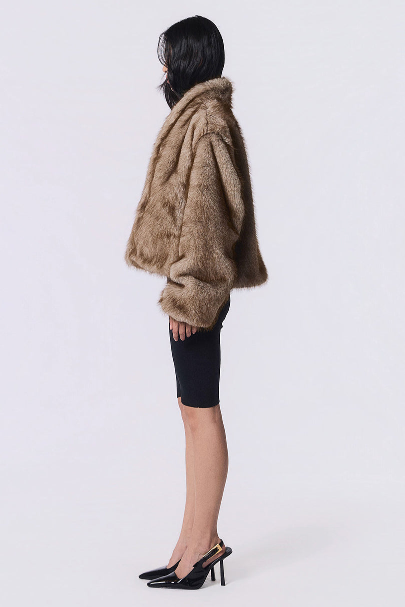 Other Store Ember Cropped Stand-Collar Ombre Faux Fur Jacket in Camel Brown