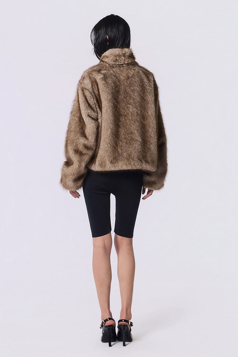 Other Store Ember Cropped Stand-Collar Ombre Faux Fur Jacket in Camel Brown