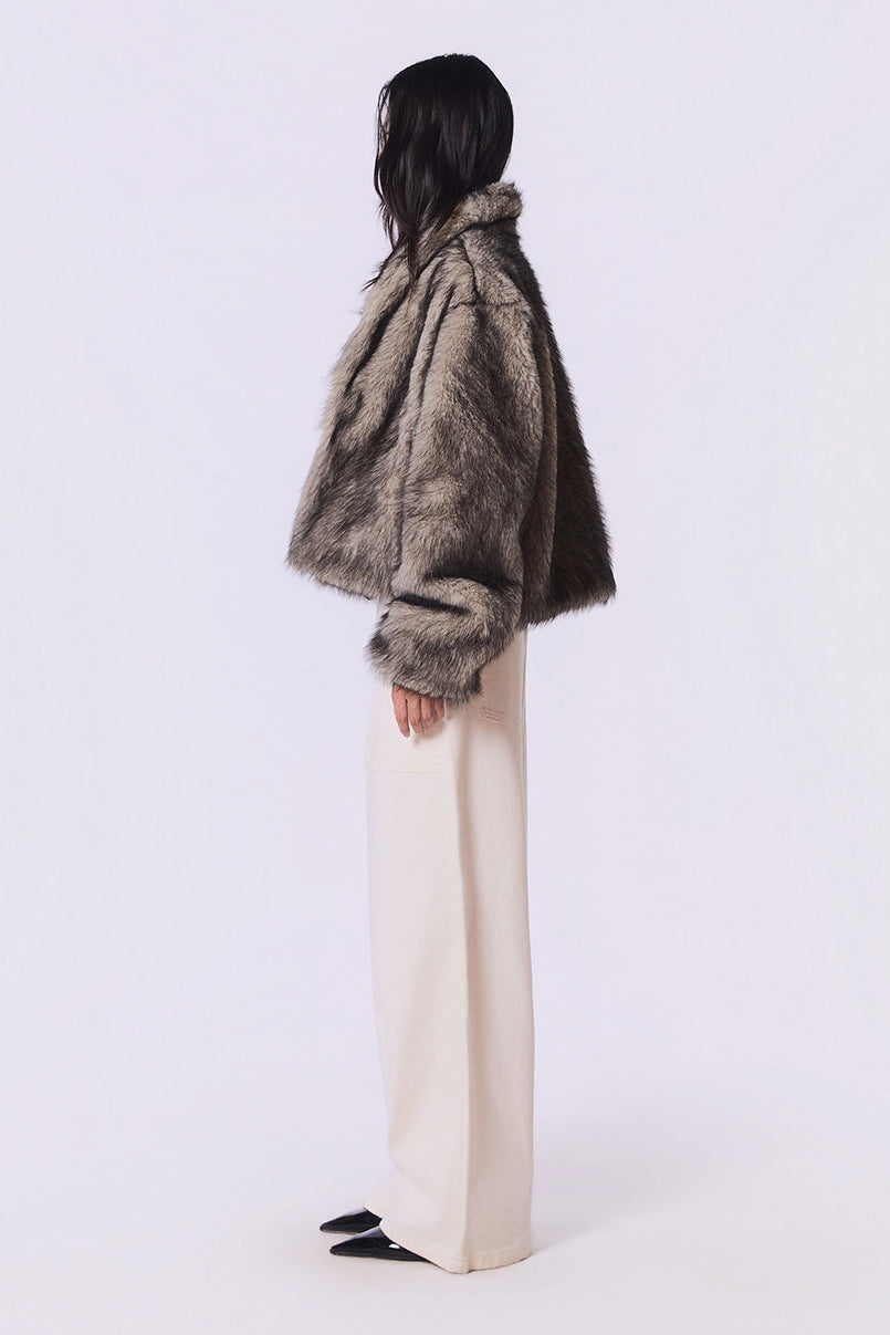 Other Store Ember Cropped Stand-Collar Ombre Faux Fur Jacket in Silver Grey