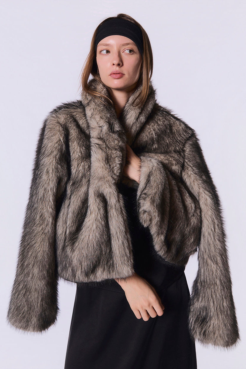 Other Store Ember Cropped Stand-Collar Ombre Faux Fur Jacket in Silver Grey
