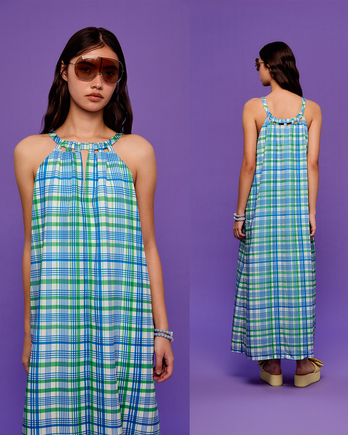 Vacation Dresses Feel Sharper in OTHER STORE's Arc Blue Check Halter Dress