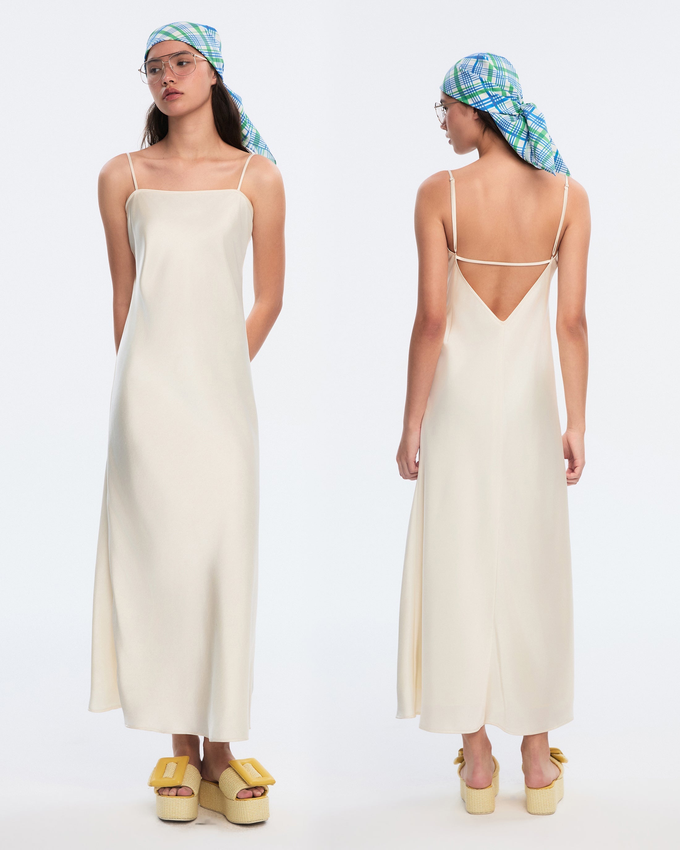 Satin Slip Dress in Cream Pearl, Cut Clean and Kept Bare