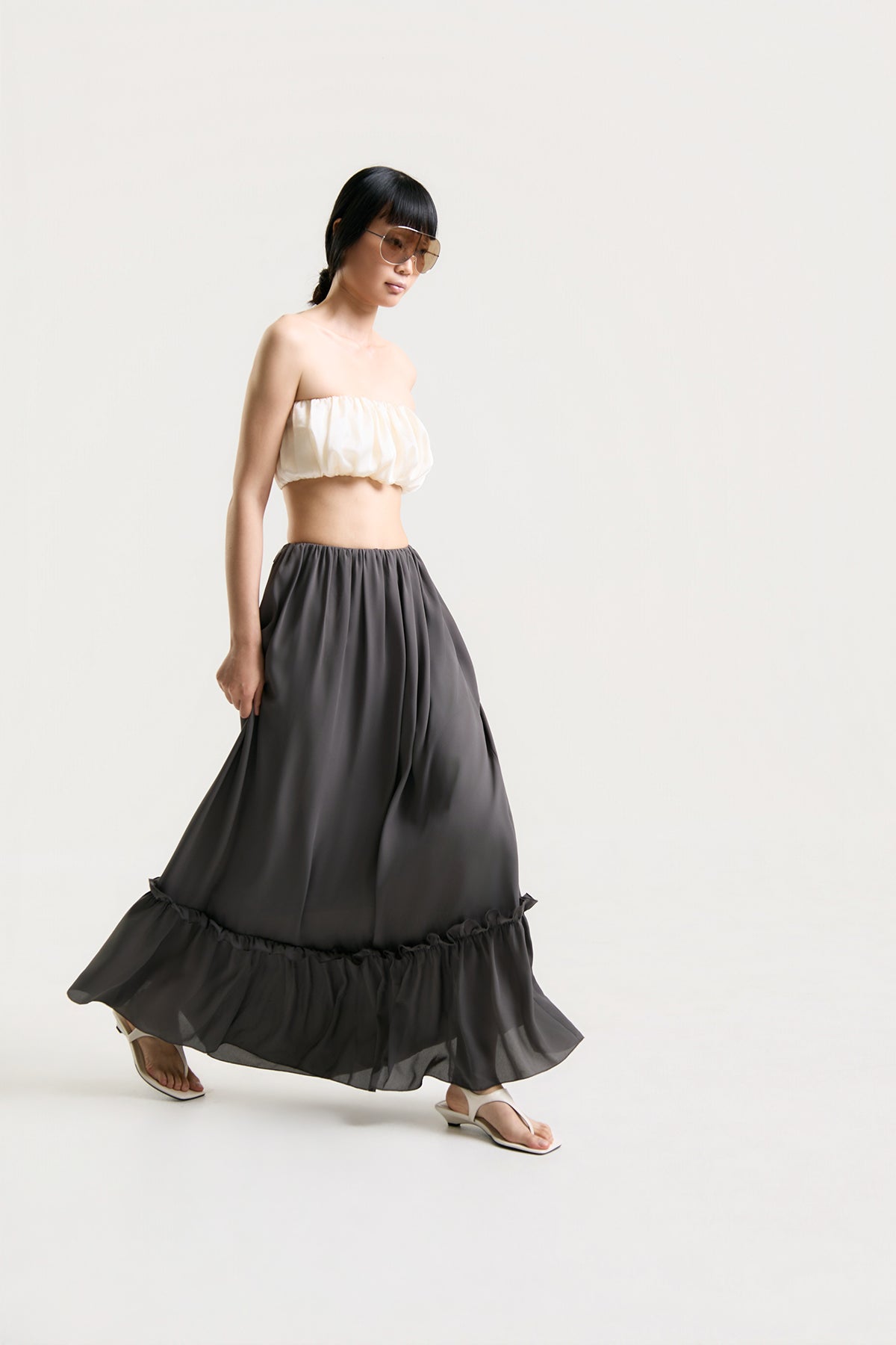OTHER STORE Aria Ruffle Maxi Skirt in Charcoal Grey
