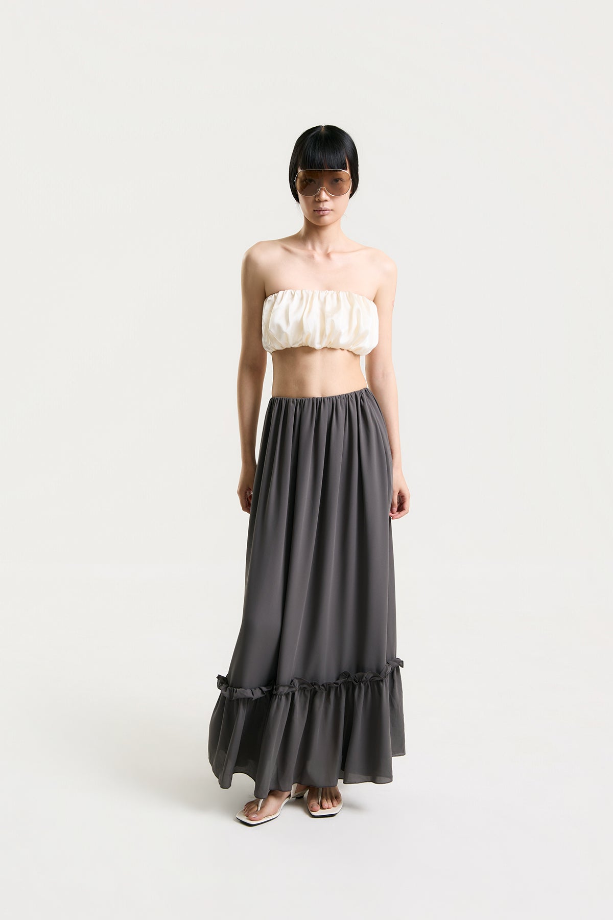 OTHER STORE Aria Ruffle Maxi Skirt in Charcoal Grey