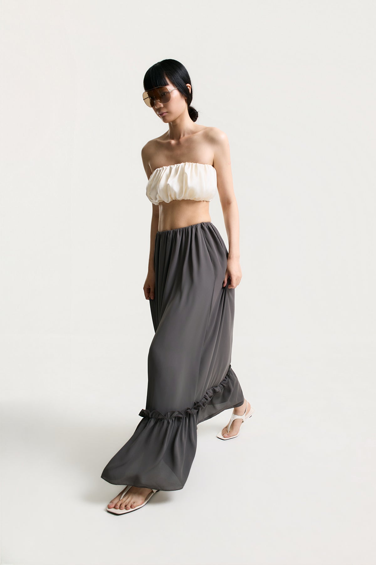 OTHER STORE Aria Ruffle Maxi Skirt in Charcoal Grey