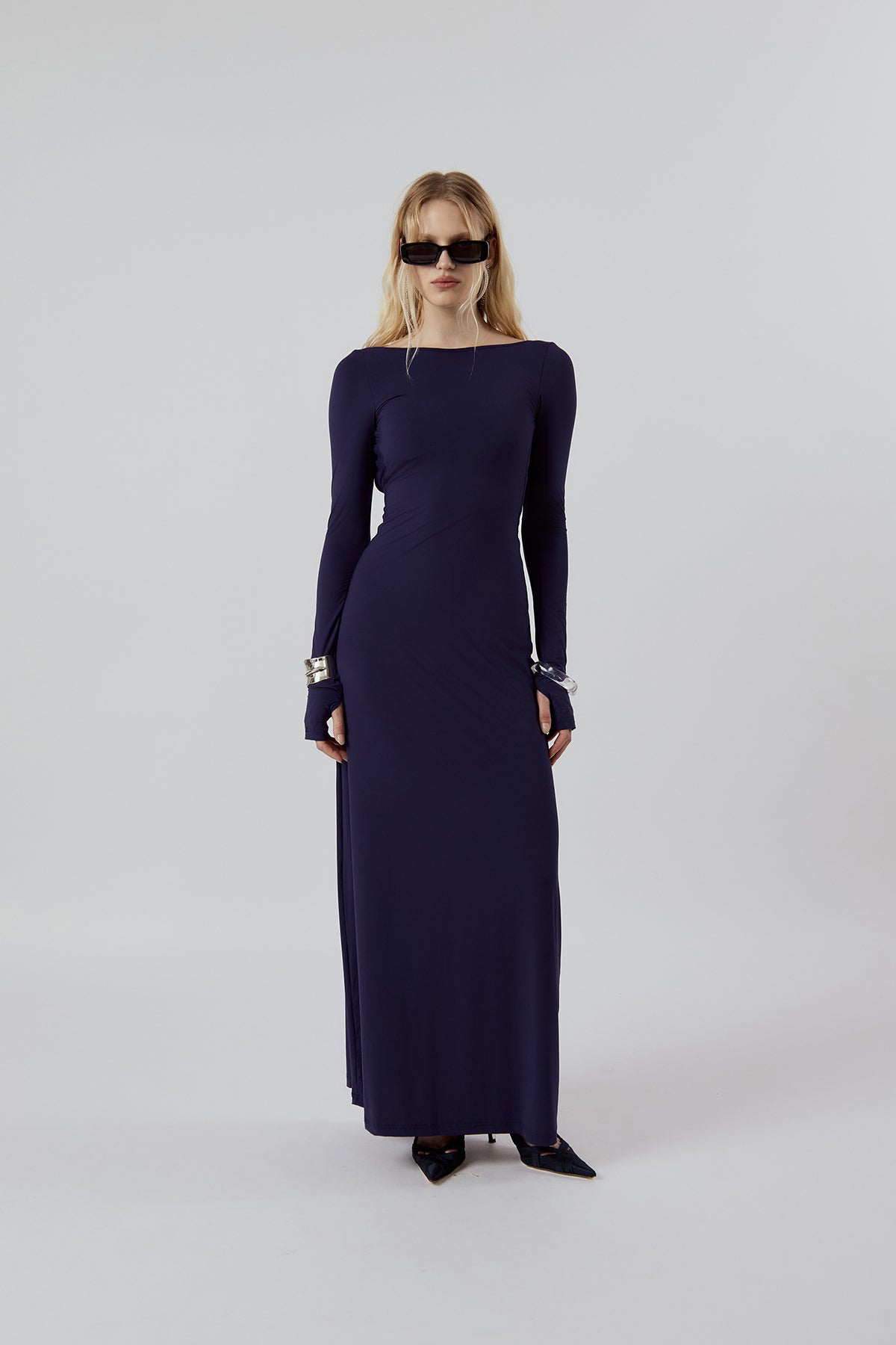 Other Store Aura Open-Back Maxi Dress in Navy