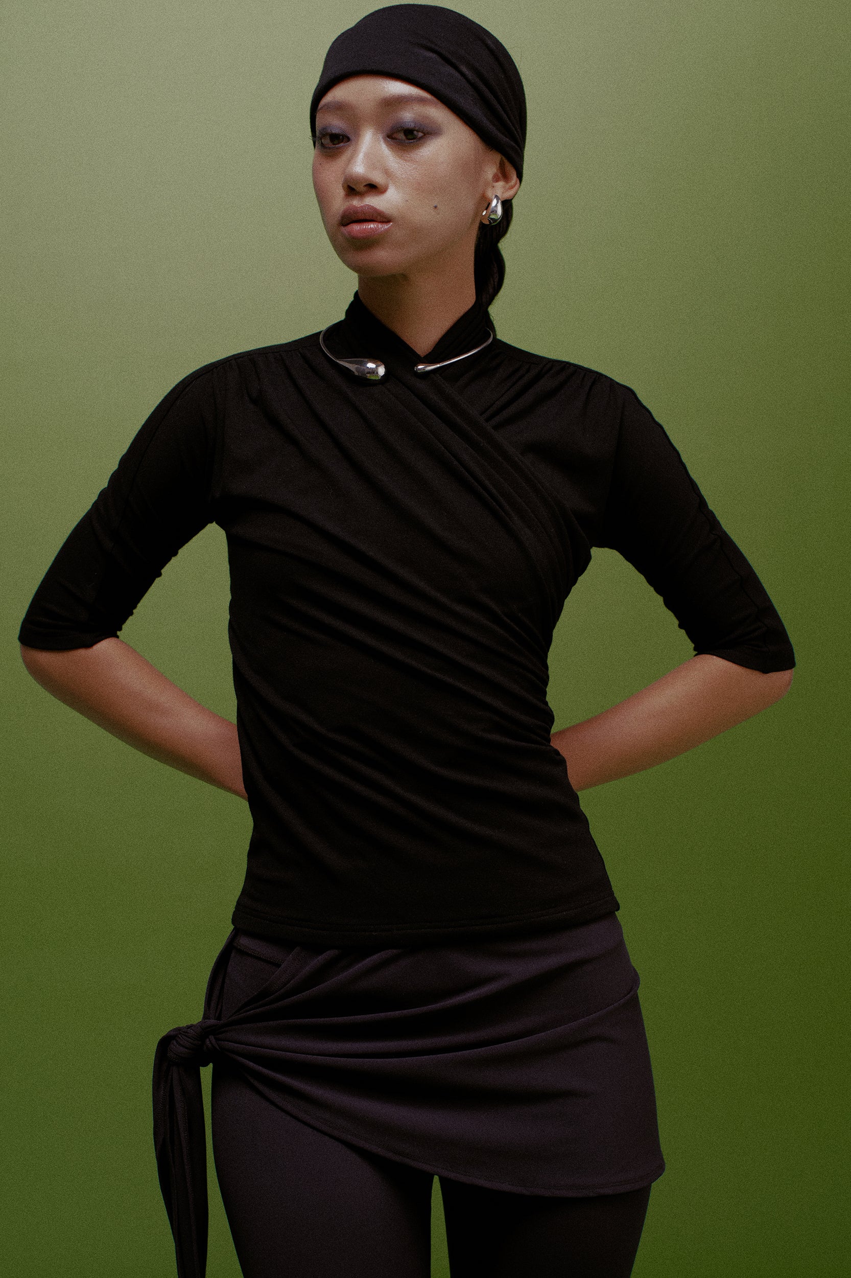 Ayla Fitted Asymmetric Ruched Top Black