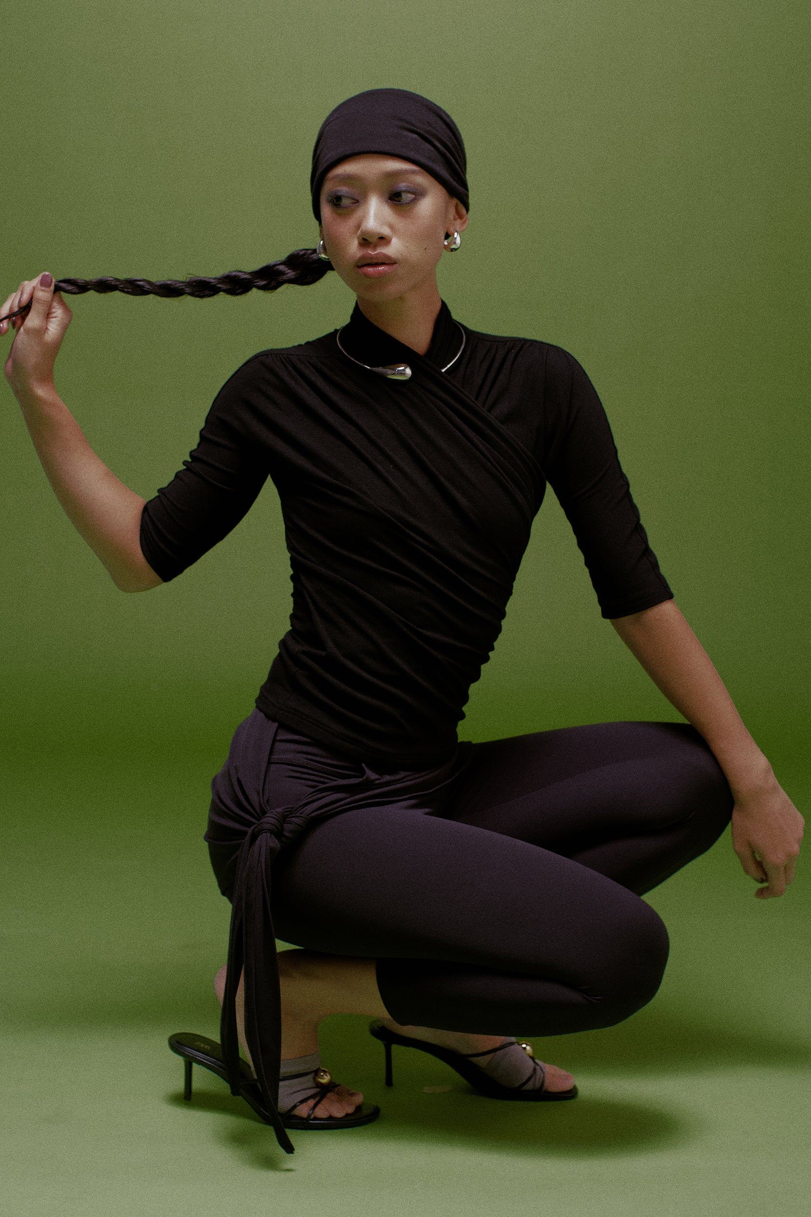 Ayla Fitted Asymmetric Ruched Top Black