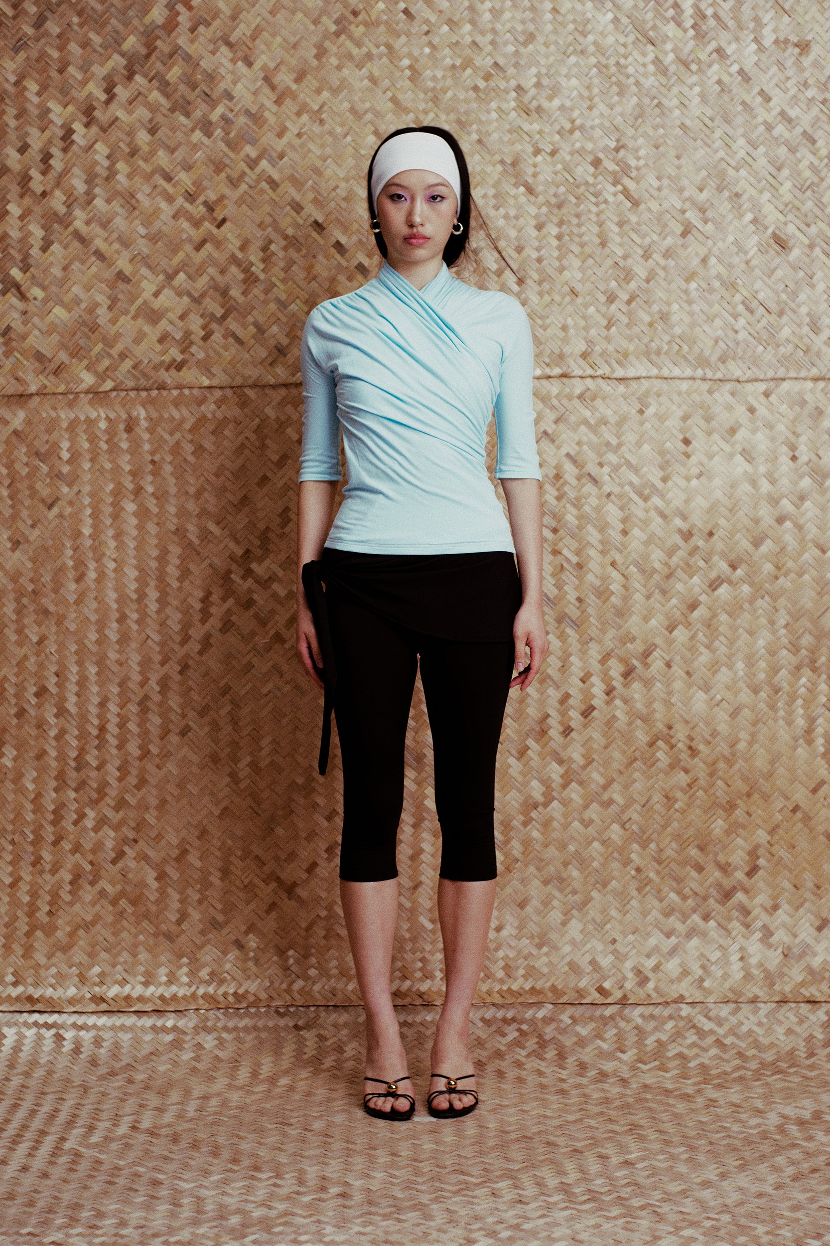 Ayla Fitted Asymmetric Ruched Top Sky Blue