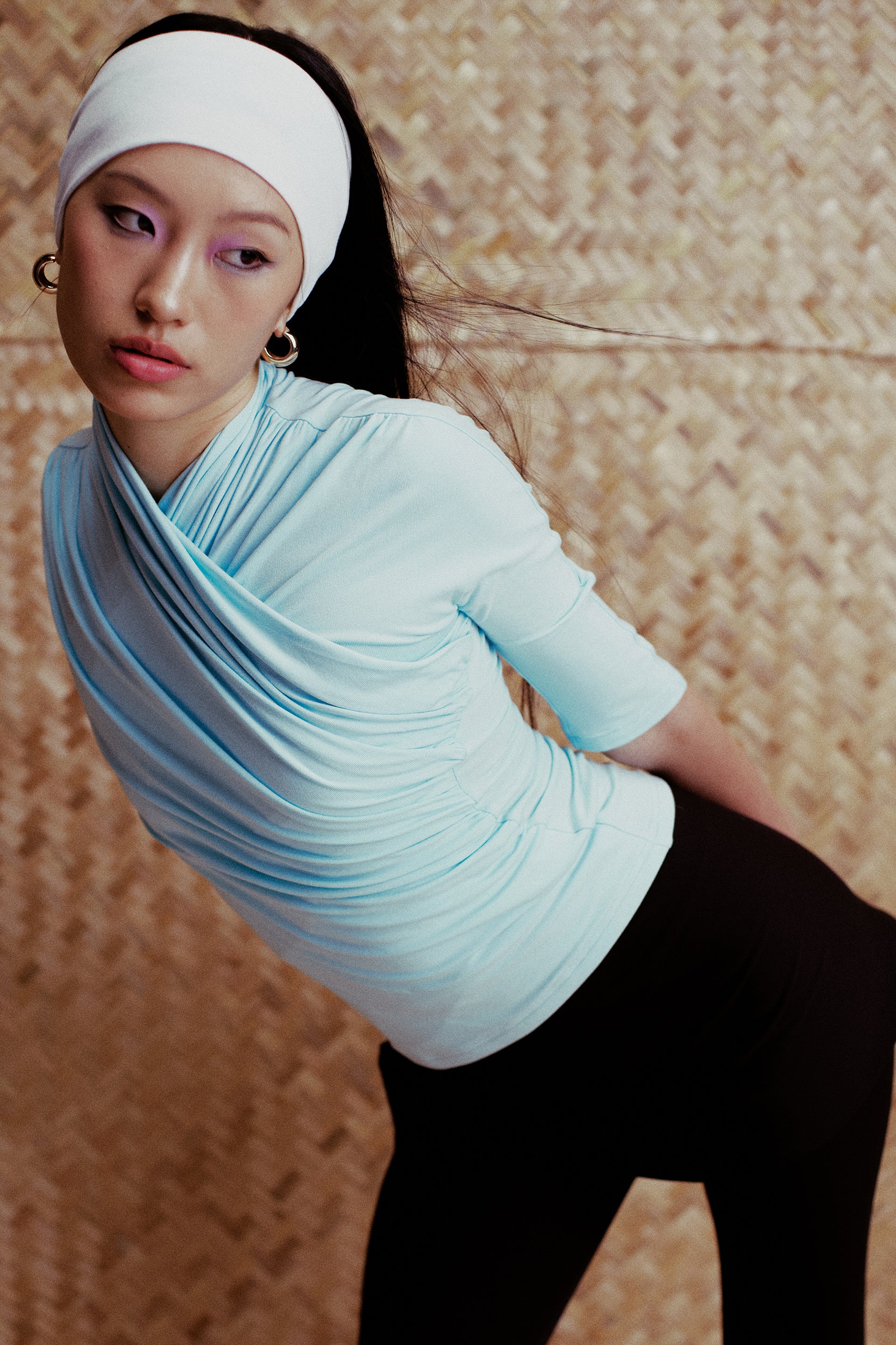 Ayla Fitted Asymmetric Ruched Top Sky Blue