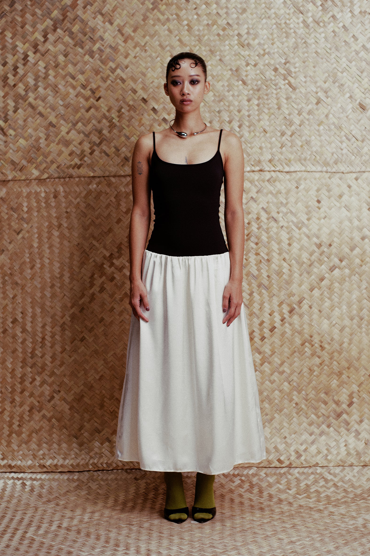 Cara Contrast Paneled Satin Maxi Dress Black & Cream