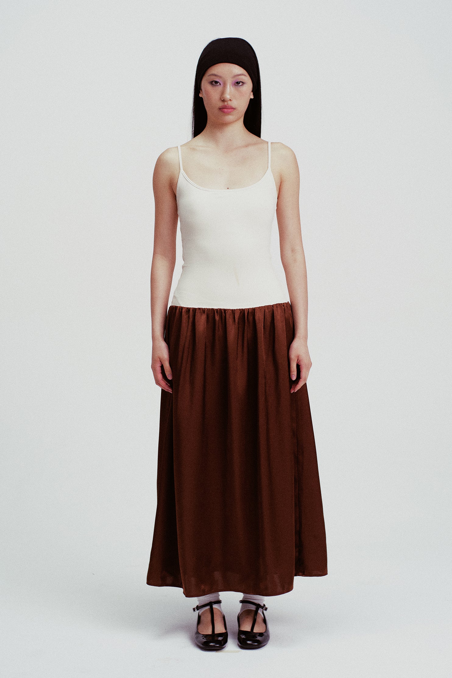 Cara Contrast Paneled Satin Maxi Dress Cream & Coffee