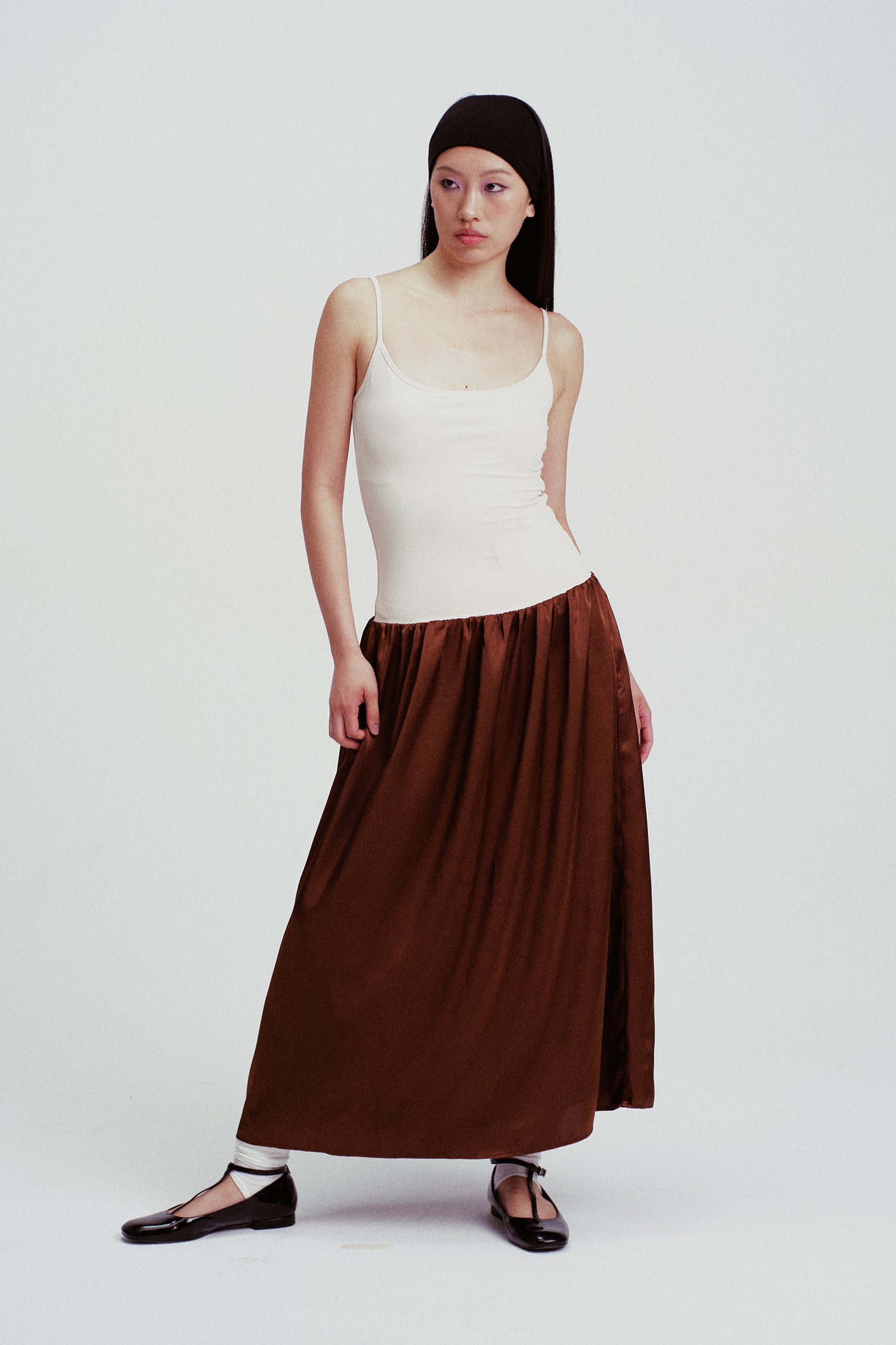 Cara Contrast Paneled Satin Maxi Dress Cream & Coffee