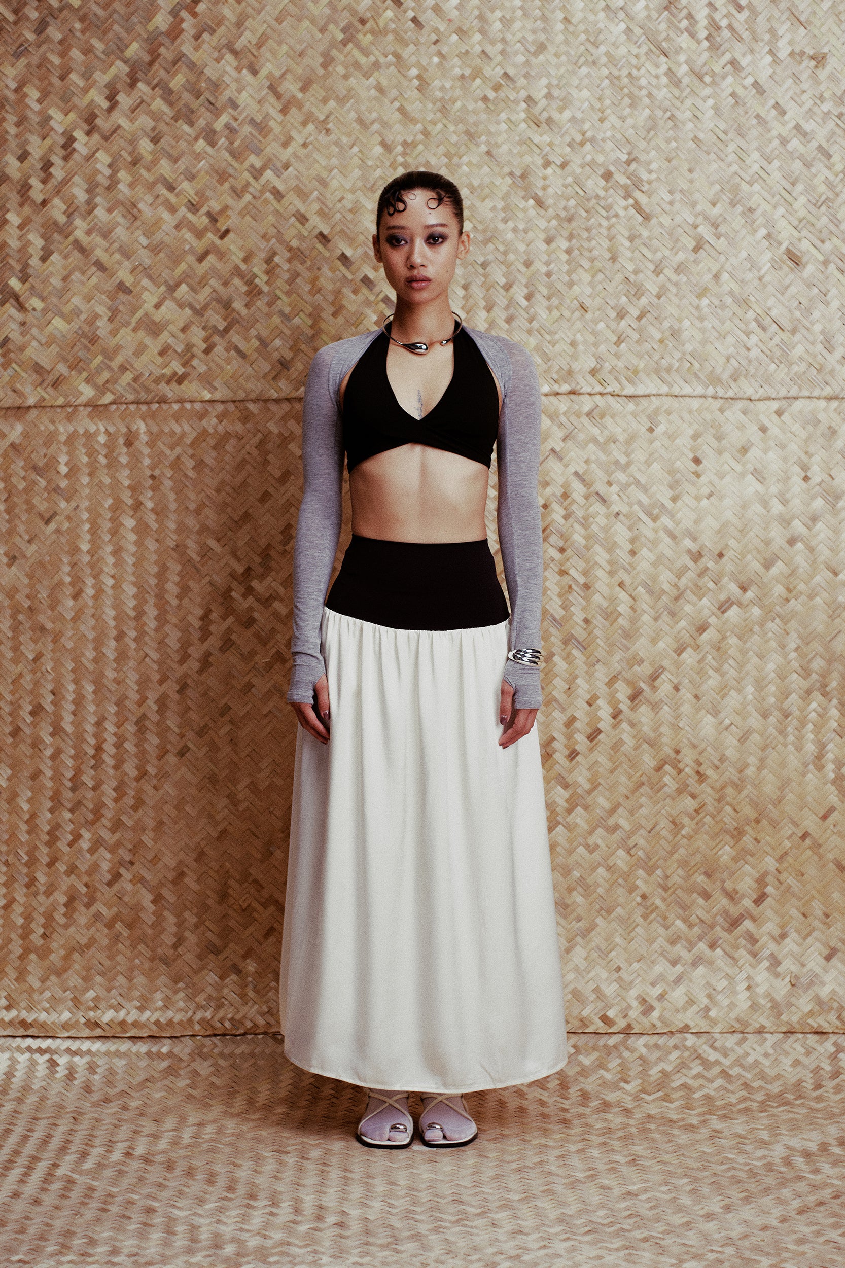 Cara Knit-Waist Satin Maxi Skirt Black & Cream