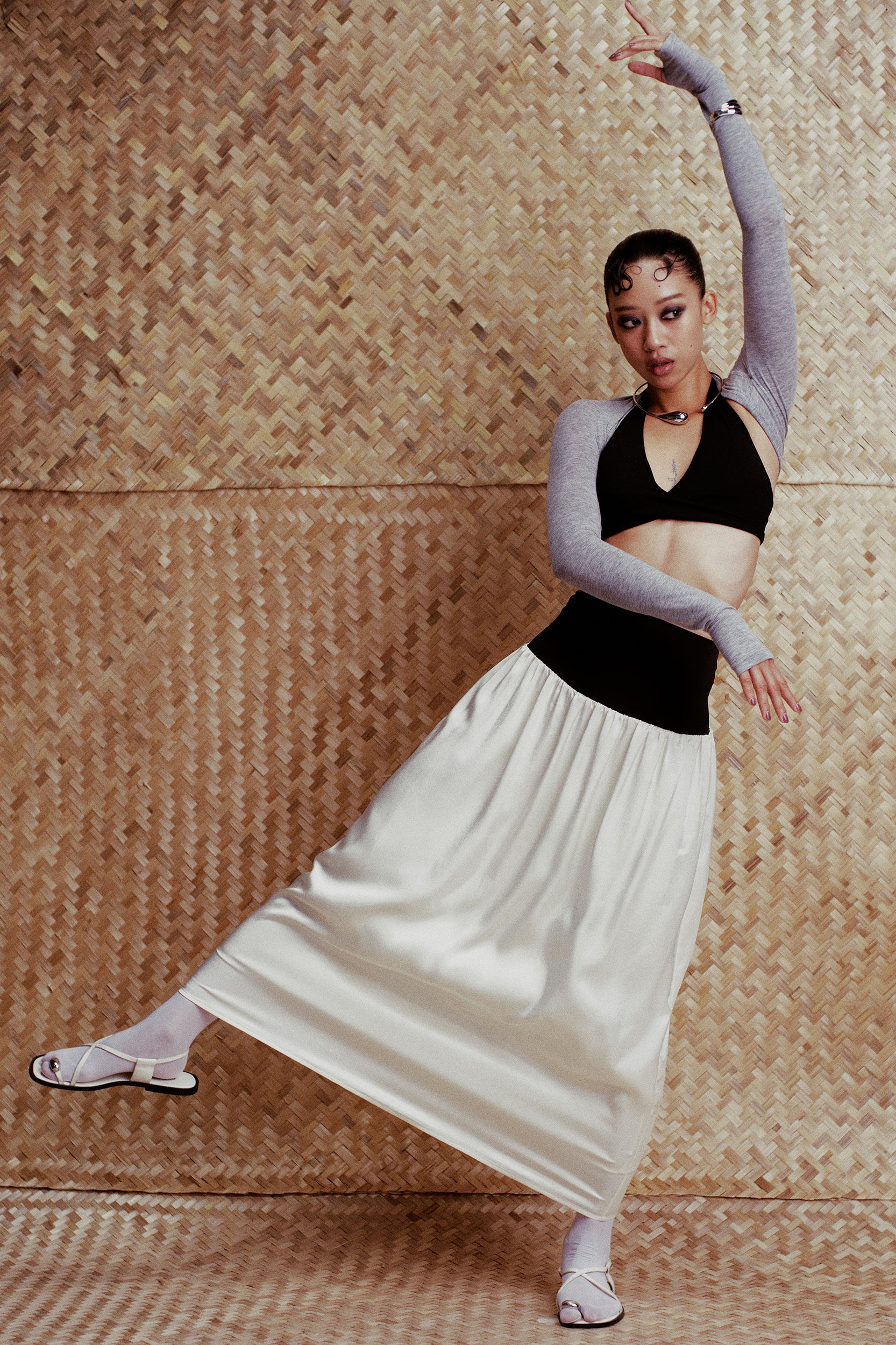 Cara Knit-Waist Satin Maxi Skirt Black & Cream