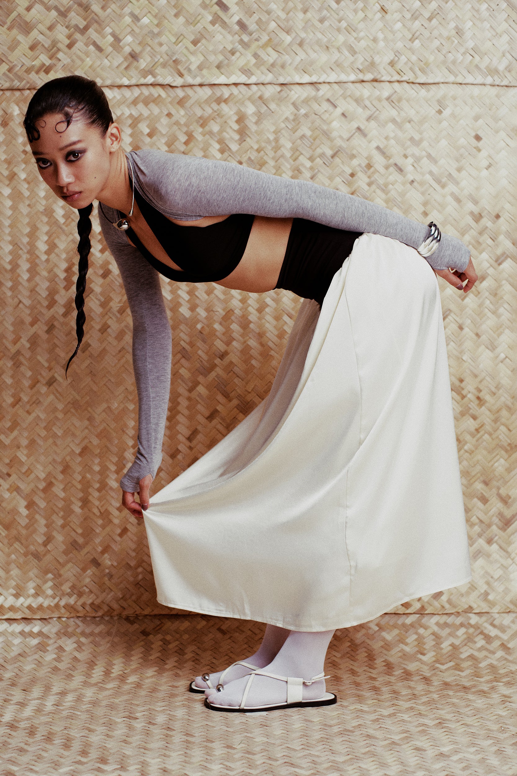 Cara Knit-Waist Satin Maxi Skirt Black & Cream