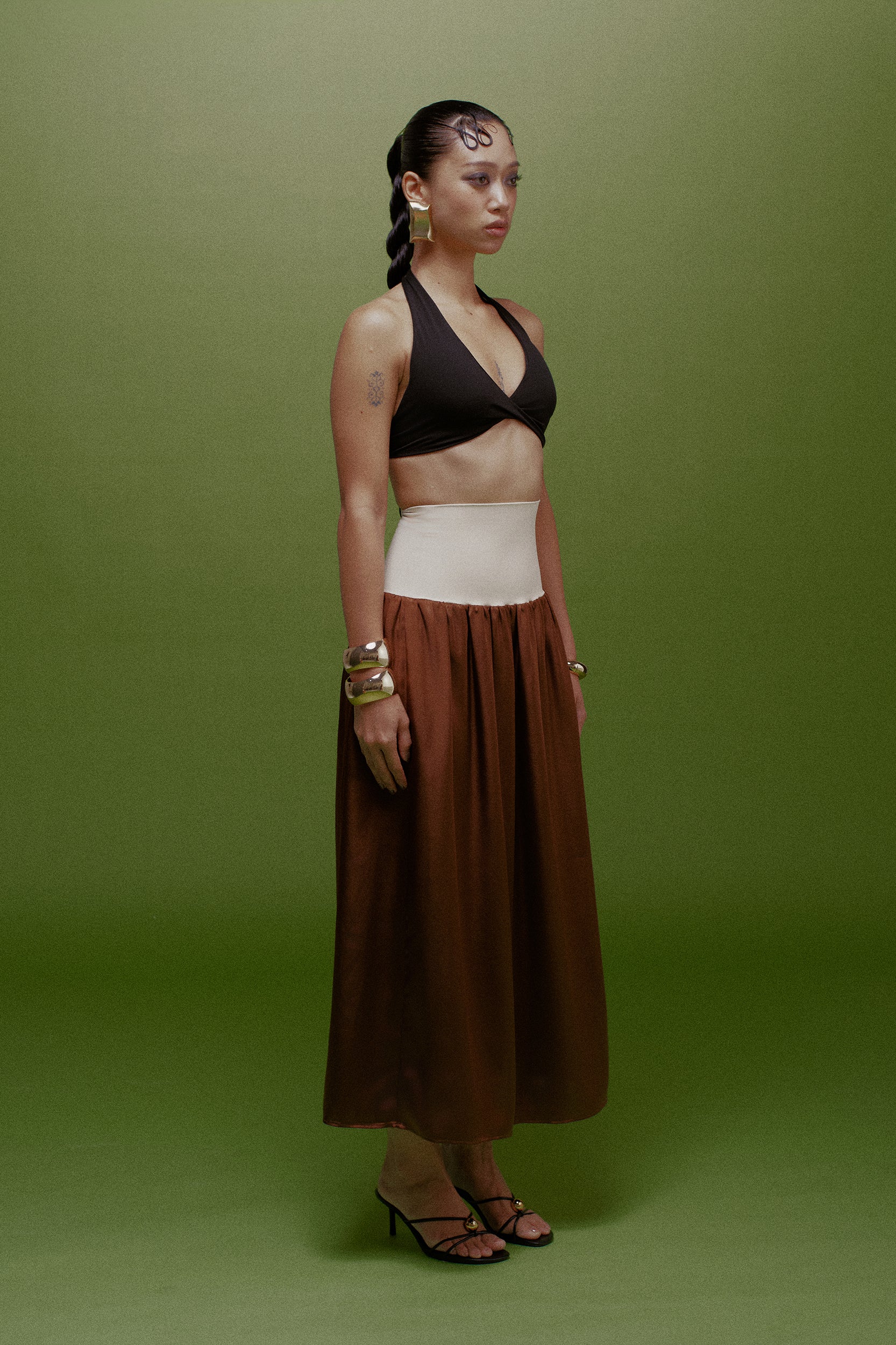 Cara Knit-Waist Satin Maxi Skirt Cream & Coffee