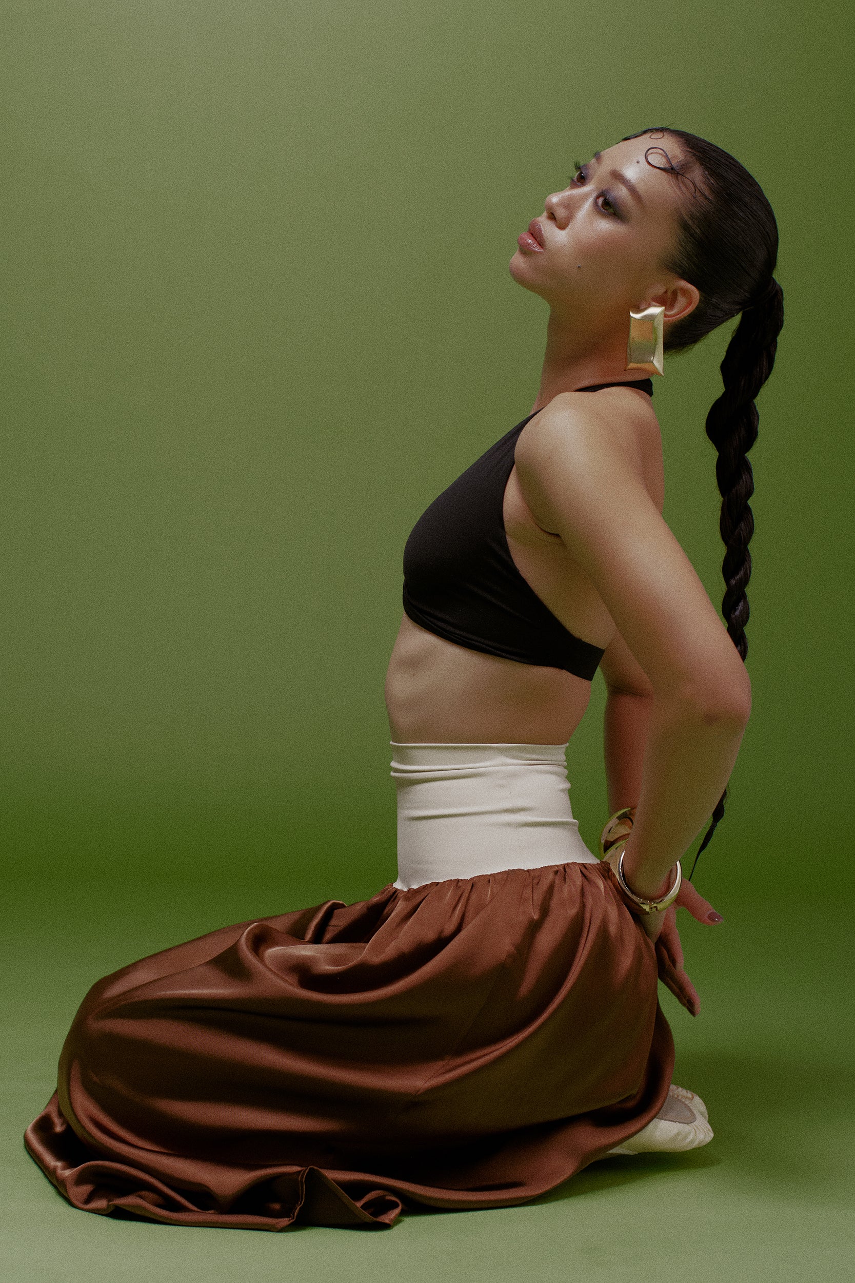 Cara Knit-Waist Satin Maxi Skirt Cream & Coffee