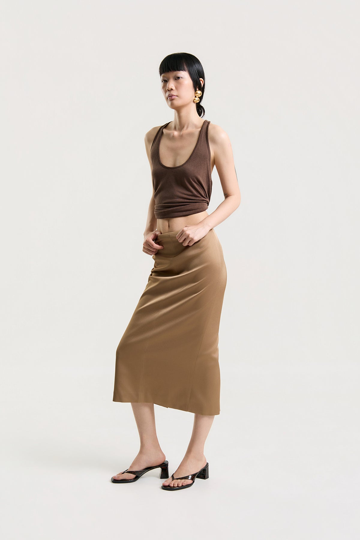 OTHER STORE Daria Straight Satin Midi Skirt in Camel
