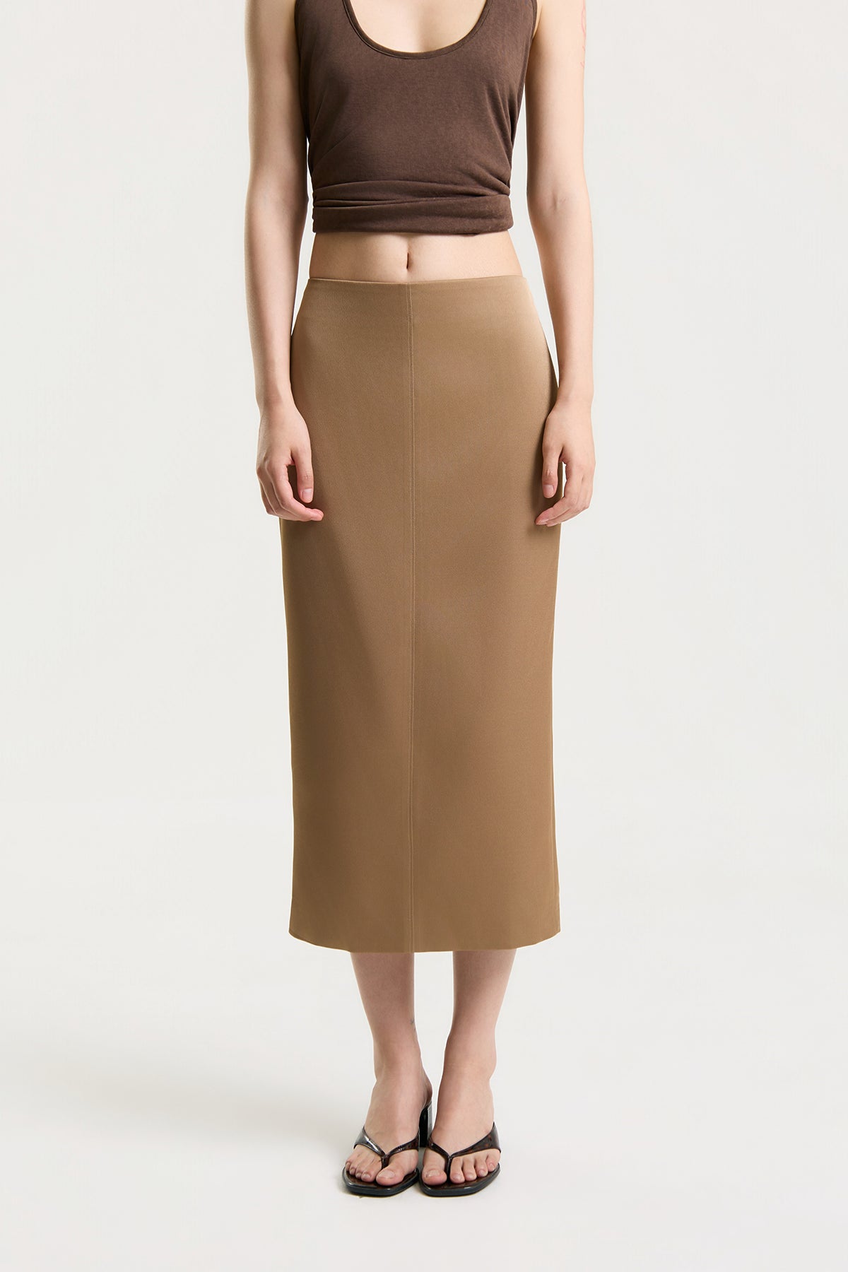 OTHER STORE Daria Straight Satin Midi Skirt in Camel