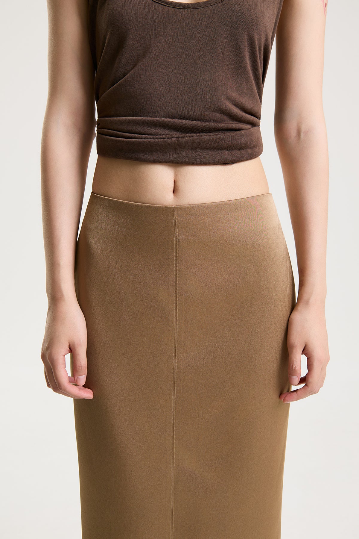 OTHER STORE Daria Straight Satin Midi Skirt in Camel