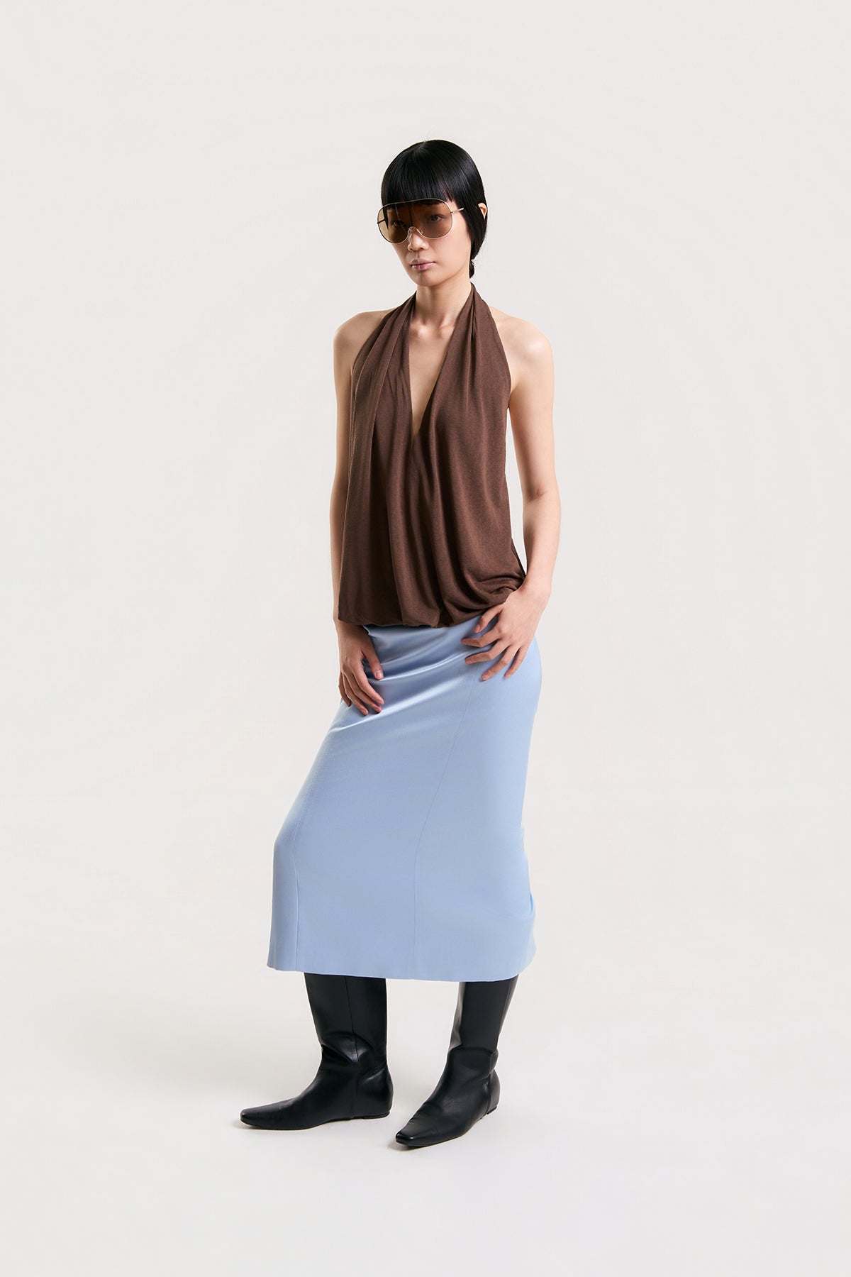 OTHER STORE Daria Straight Satin Midi Skirt in Blue