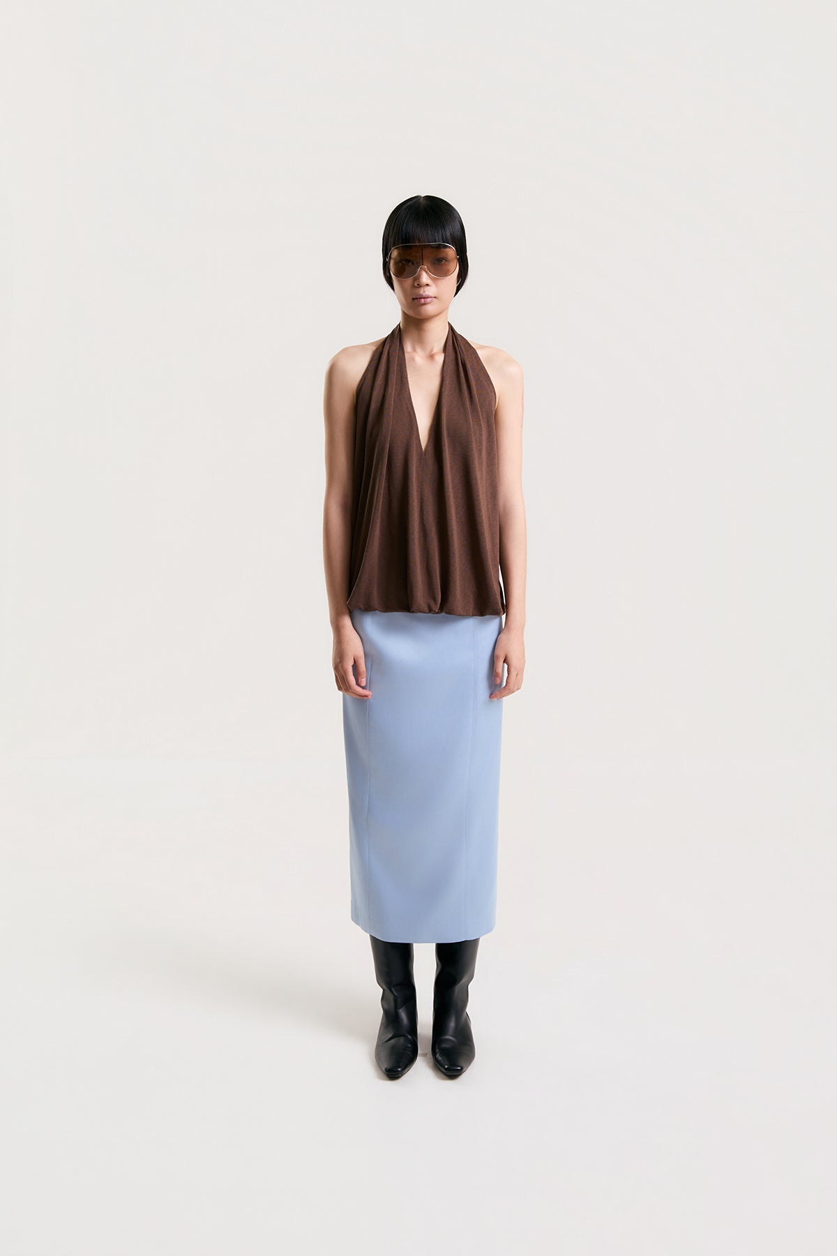 OTHER STORE Daria Straight Satin Midi Skirt in Blue