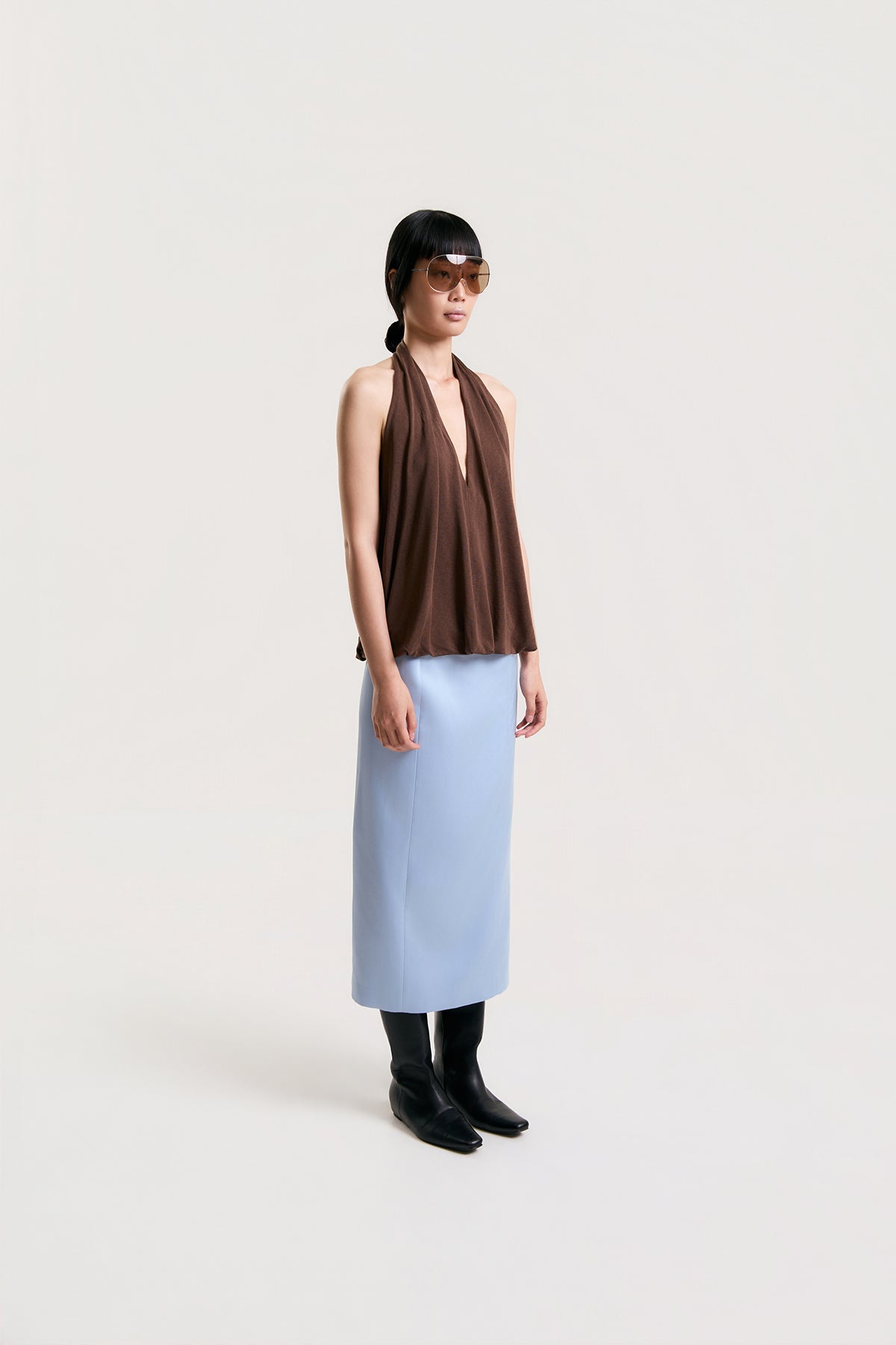 OTHER STORE Daria Straight Satin Midi Skirt in Blue