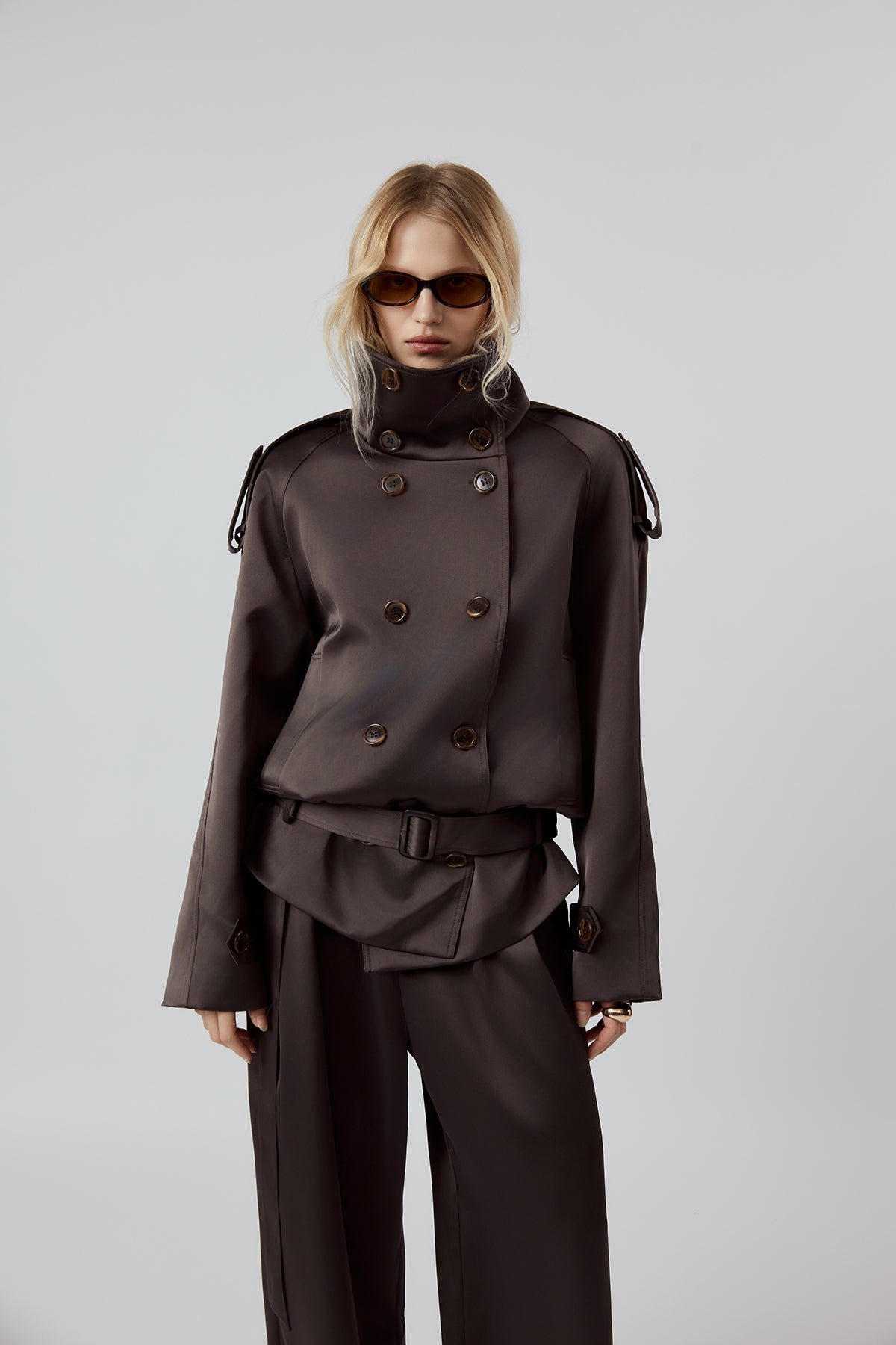 OTHER STORE Daria High-Neck Belted Double-Breasted Jacket in Espresso Brown