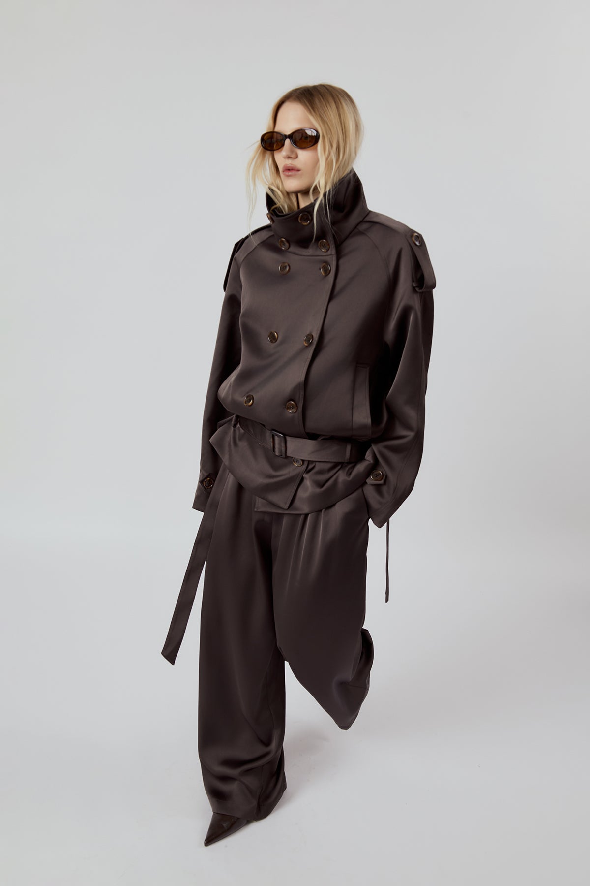 OTHER STORE Daria High-Neck Belted Double-Breasted Jacket in Espresso Brown