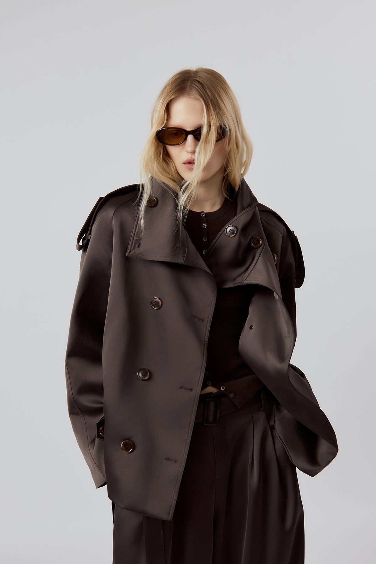 OTHER STORE Daria High-Neck Belted Double-Breasted Jacket in Espresso Brown
