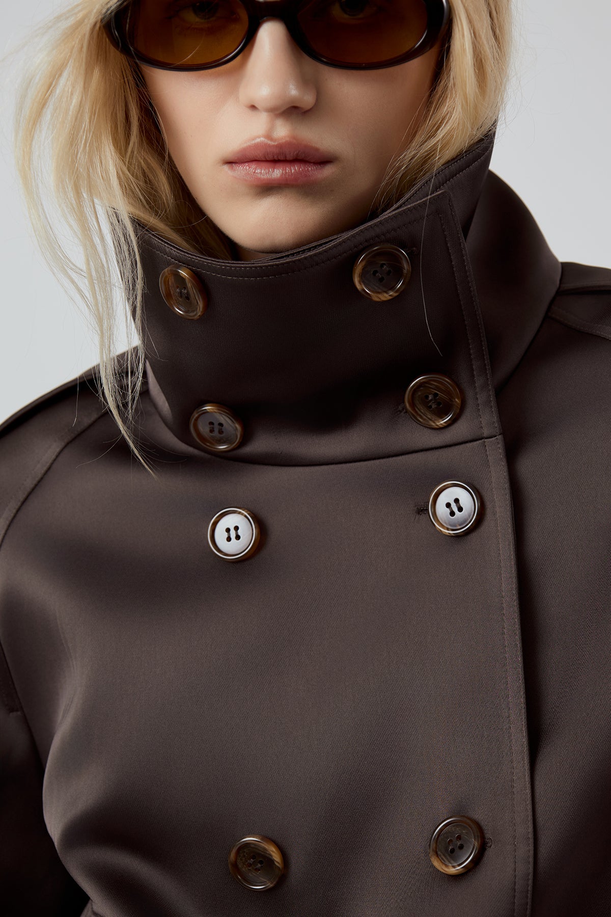 OTHER STORE Daria High-Neck Belted Double-Breasted Jacket in Espresso Brown
