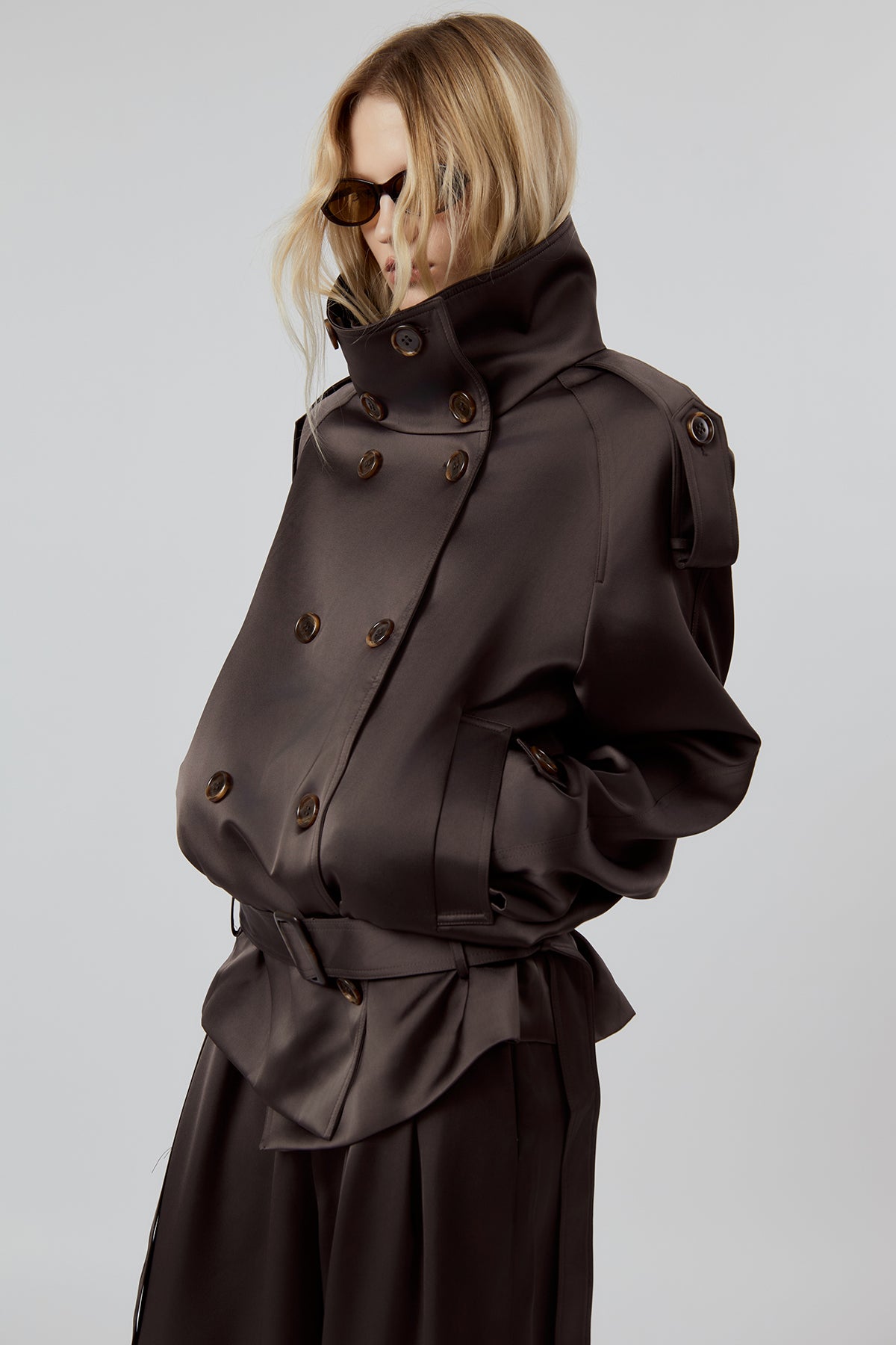 OTHER STORE Daria High-Neck Belted Double-Breasted Jacket in Espresso Brown