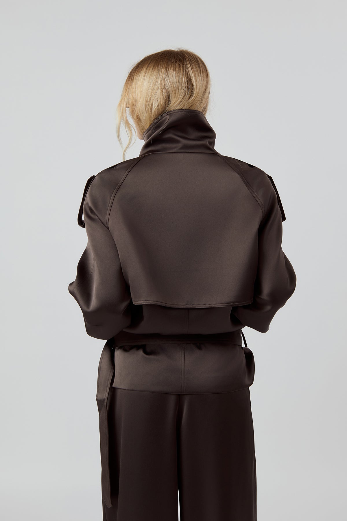 OTHER STORE Daria High-Neck Belted Double-Breasted Jacket in Espresso Brown
