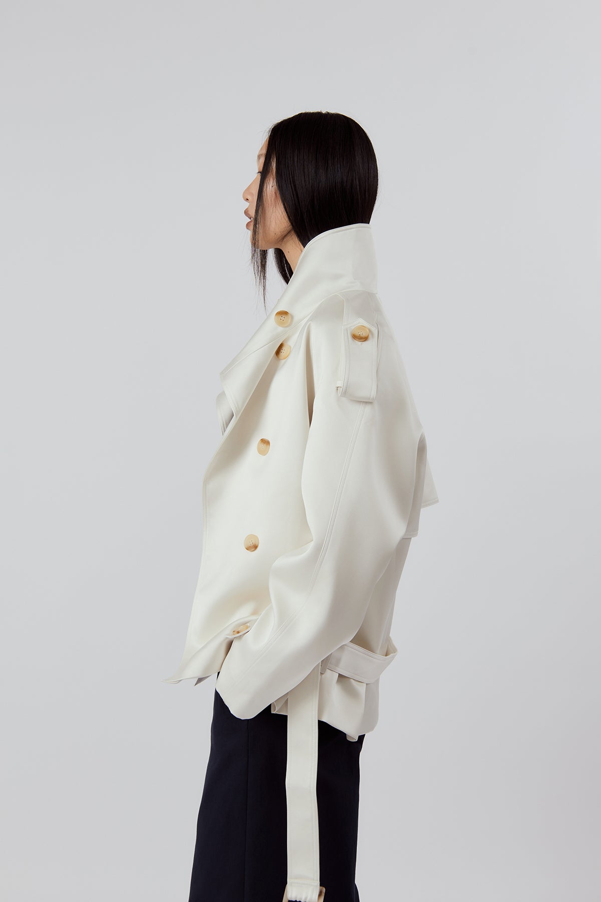OTHER STORE Daria High-Neck Belted Double-Breasted Jacket in Ivory