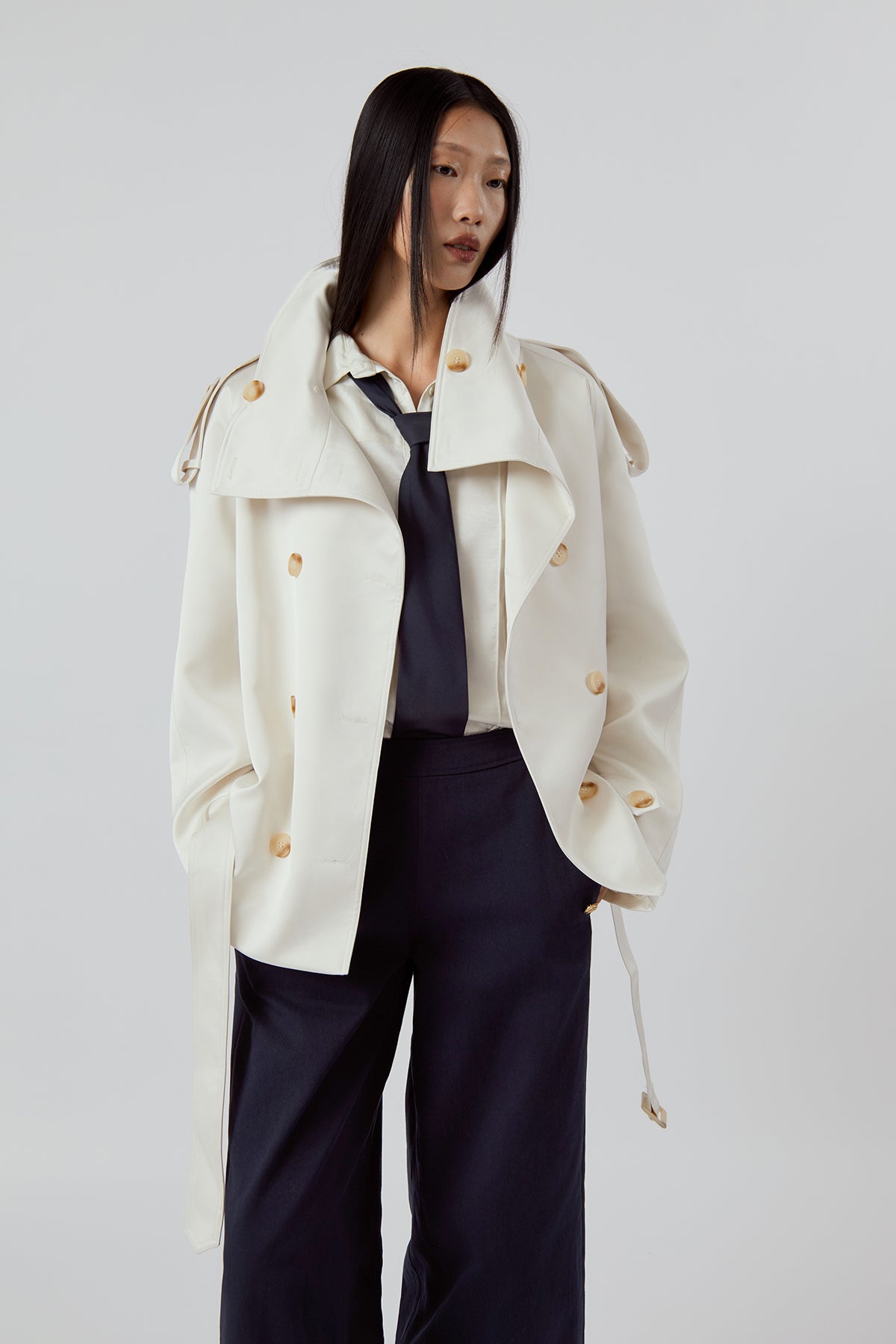 OTHER STORE Daria High-Neck Belted Double-Breasted Jacket in Ivory
