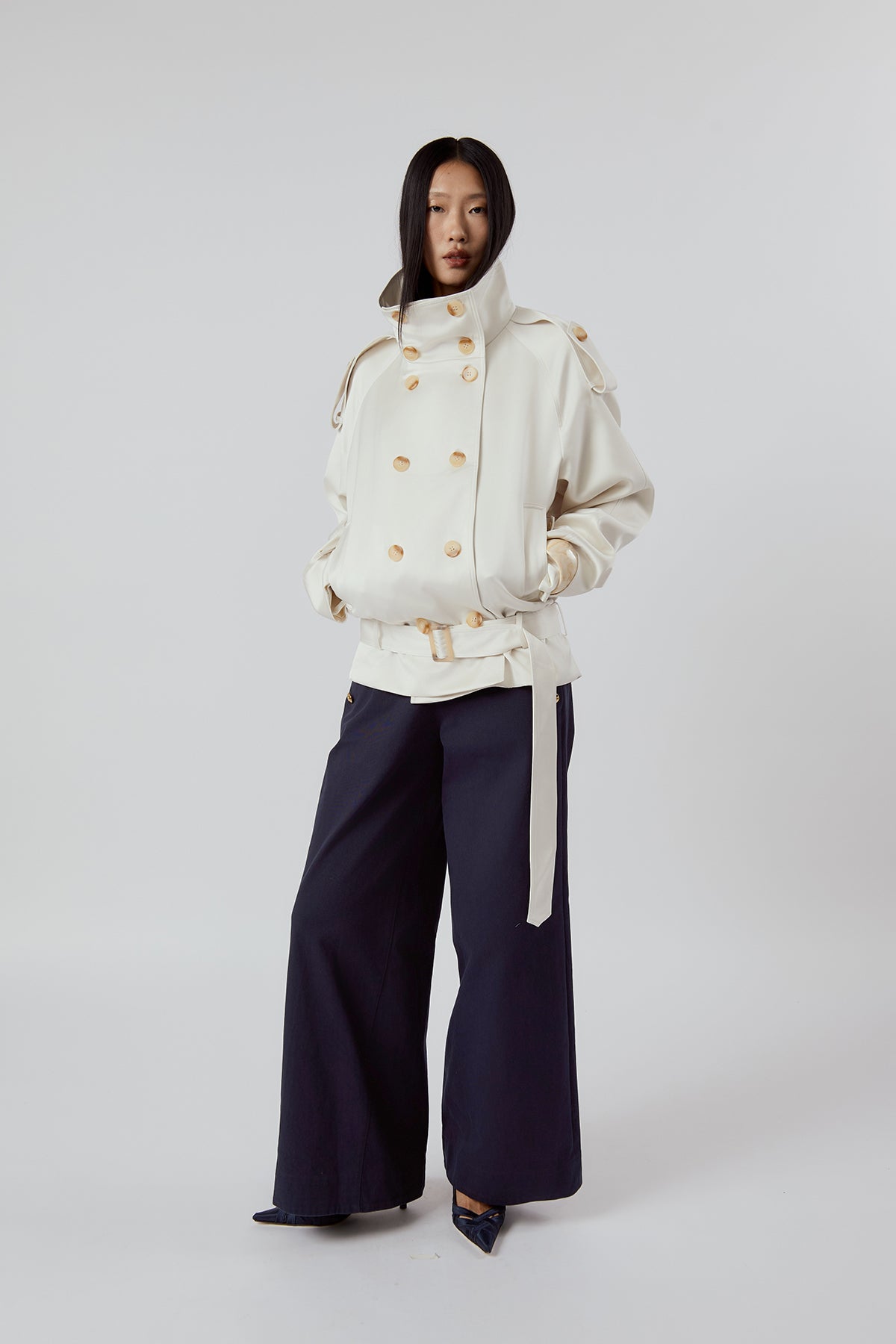 OTHER STORE Daria High-Neck Belted Double-Breasted Jacket in Ivory