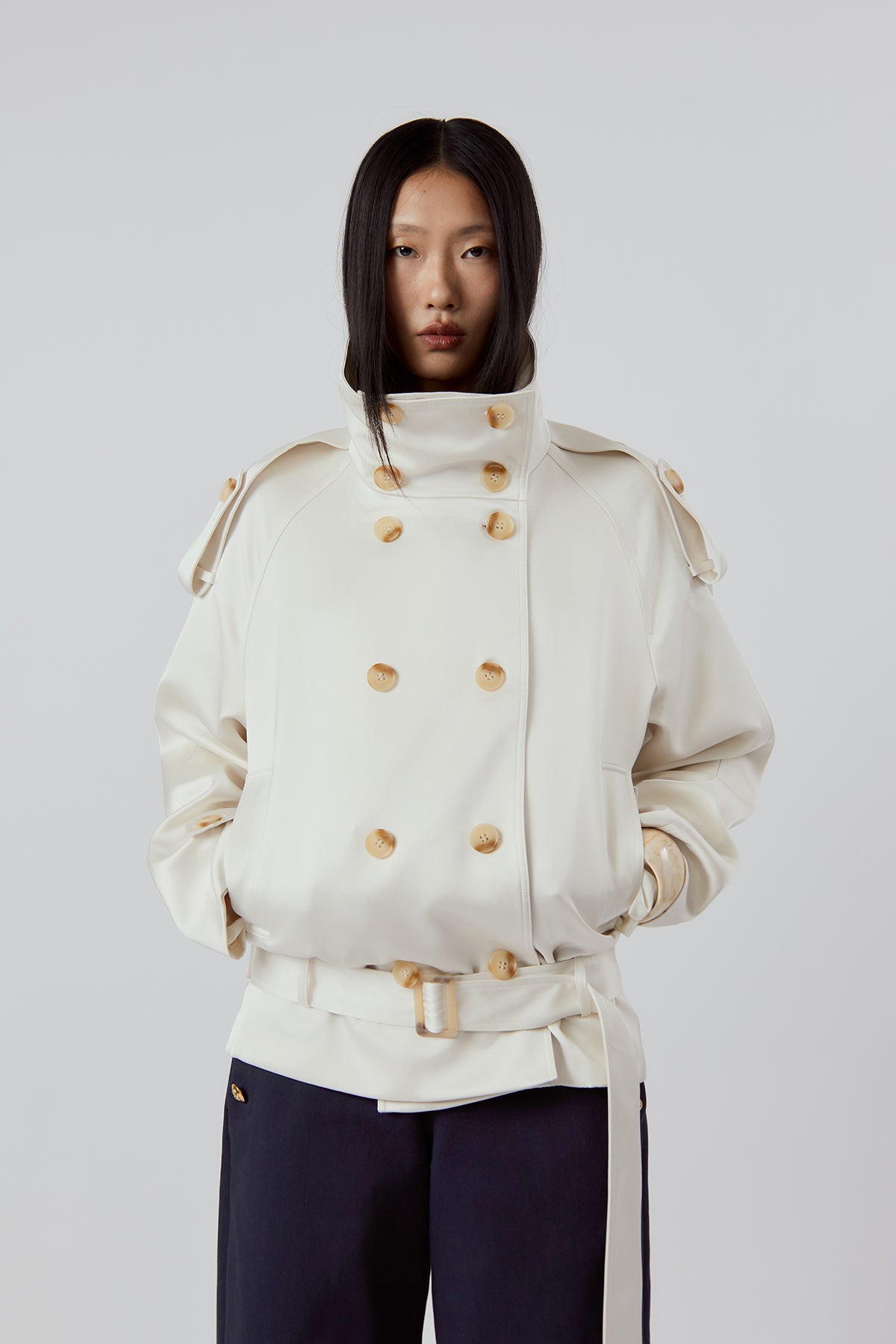 OTHER STORE Daria High-Neck Belted Double-Breasted Jacket in Ivory