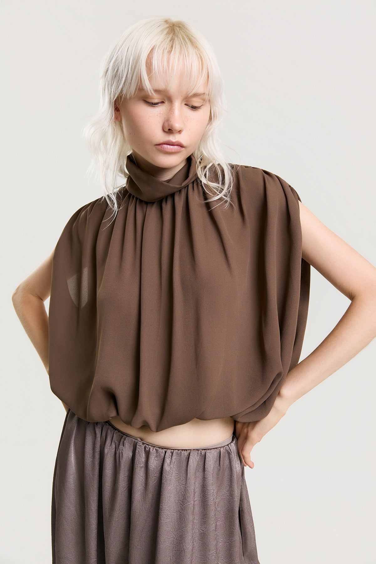 OTHER STORE Elowen Draped High-Neck Blouse in Cocoa Brown