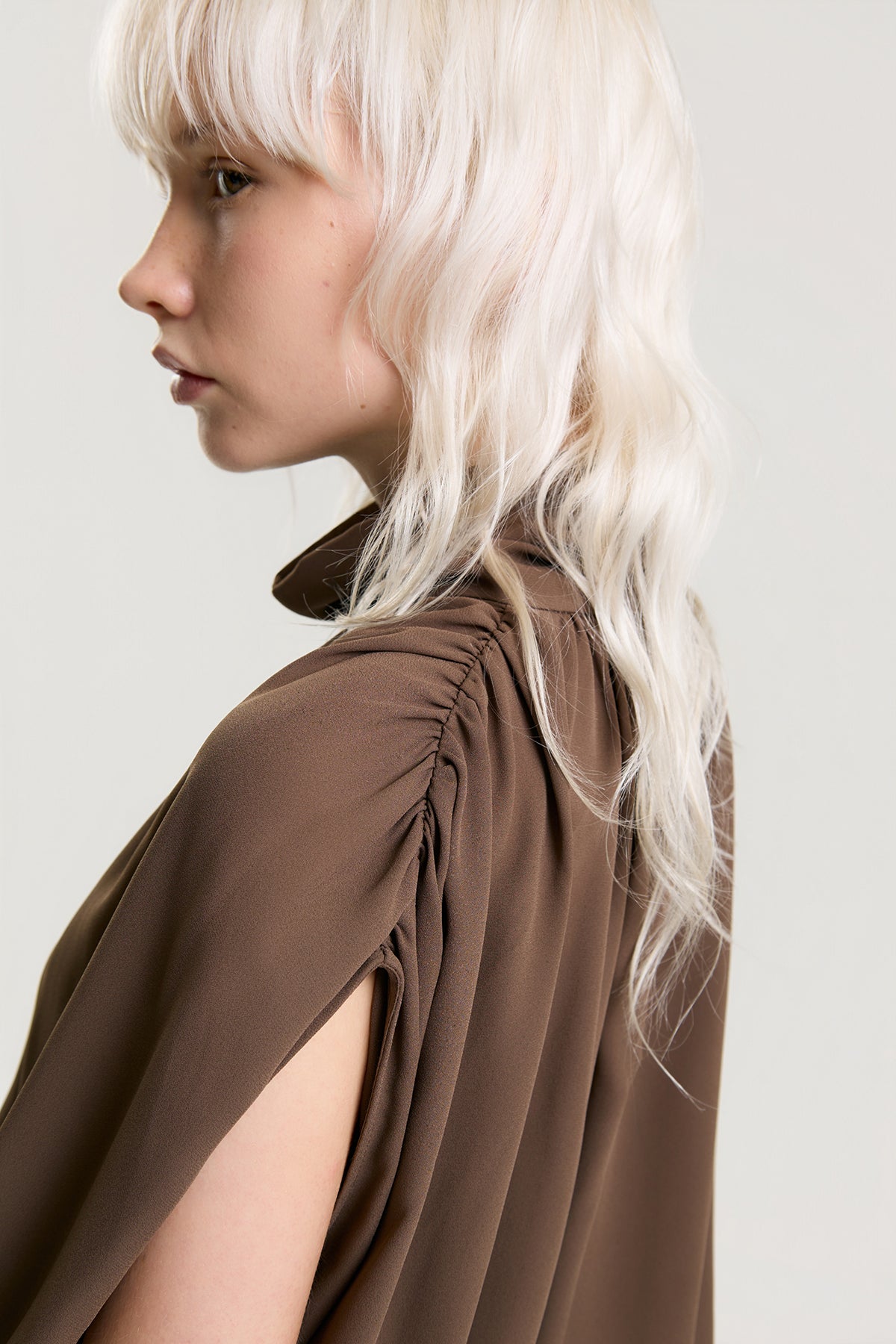 OTHER STORE Elowen Draped High-Neck Blouse in Cocoa Brown