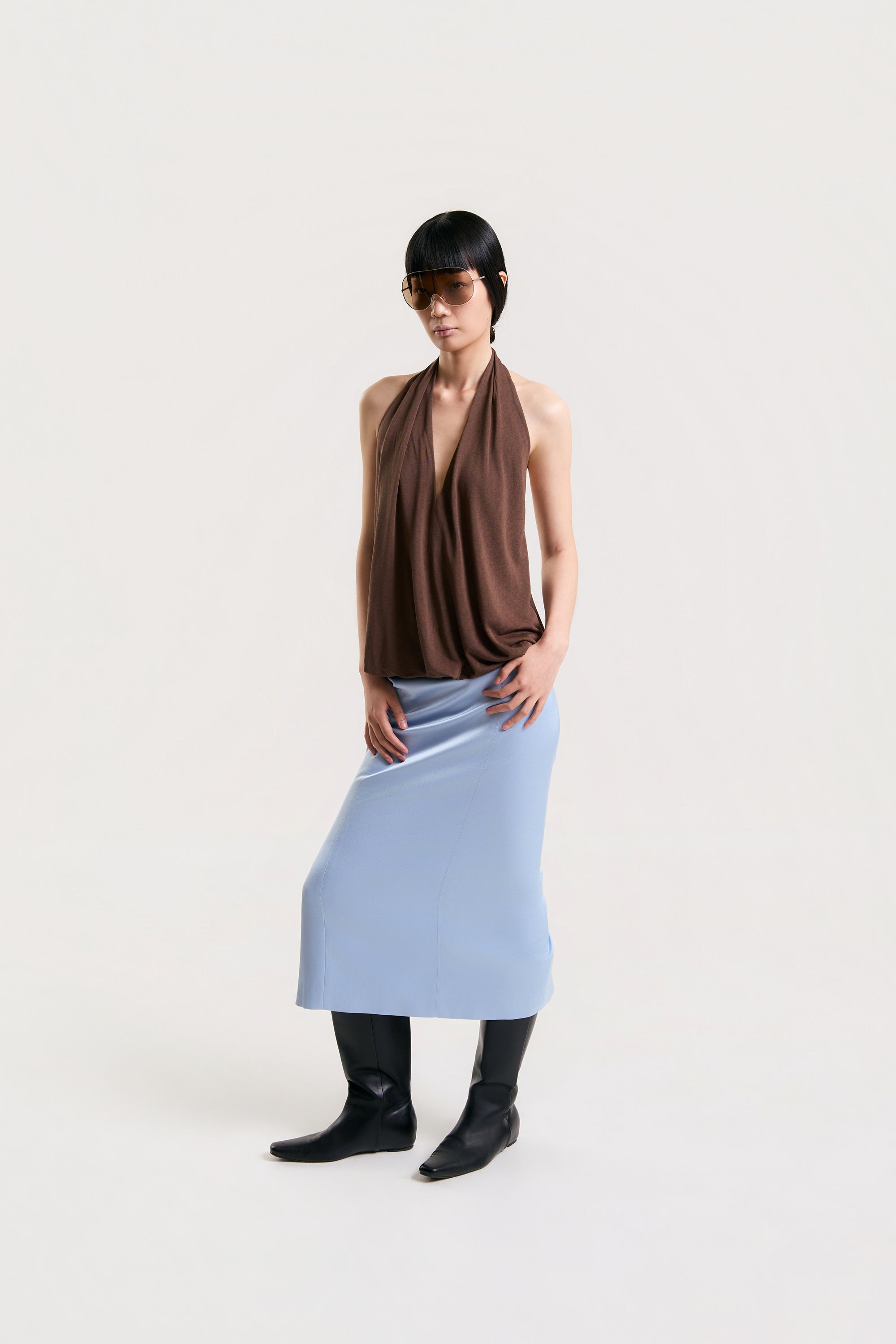 OTHER STORE Halo Drape Halter Top in Brown