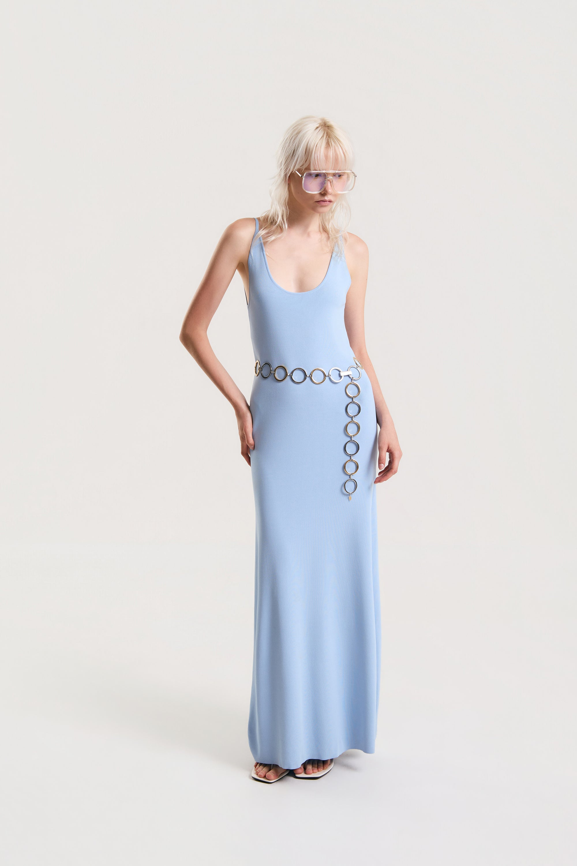 OTHER STORE Halo Open-Back Knit Maxi Dress in Blue