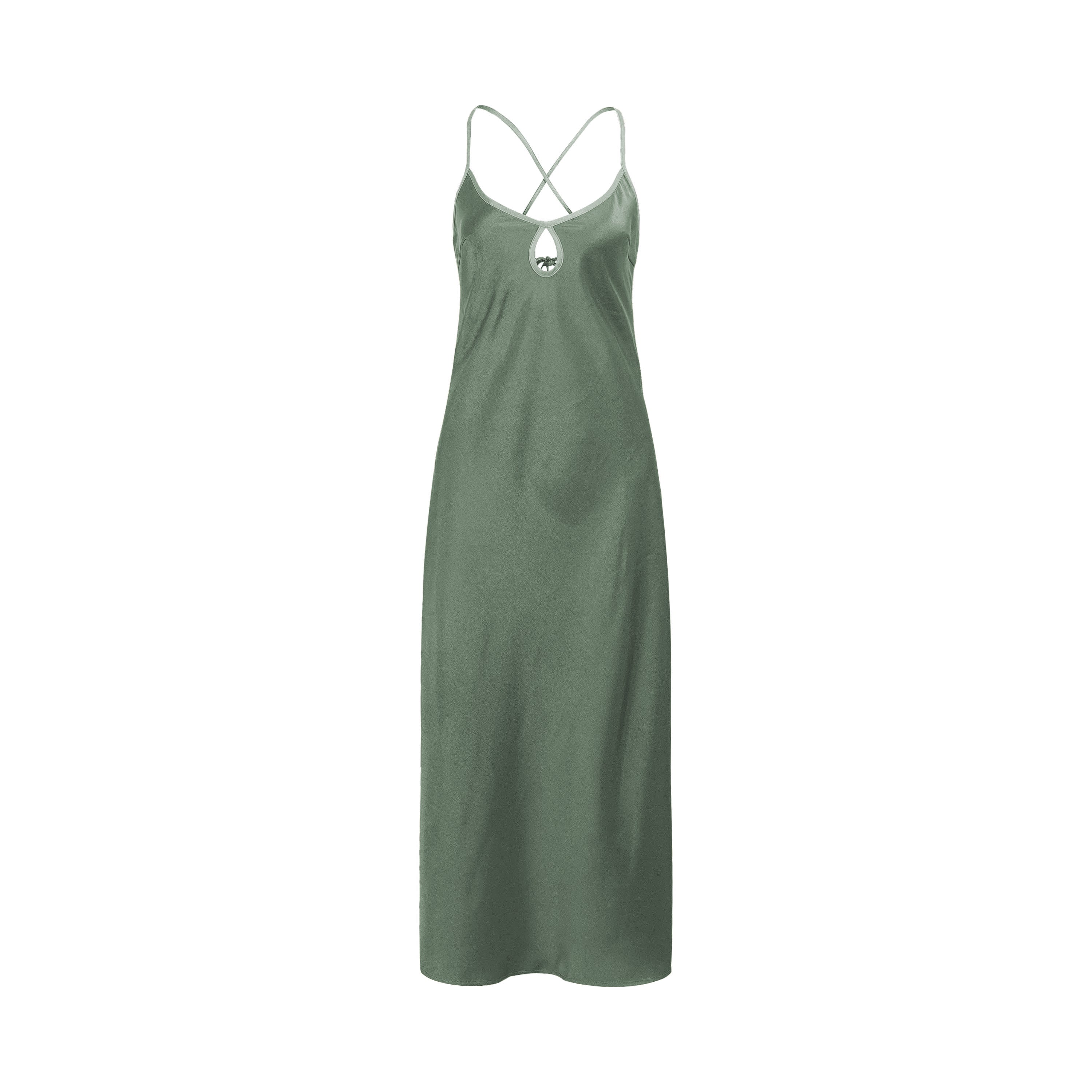 OTHER STORE Lume Olive Green Satin Slip Maxi Dress with Keyhole Cutout & Open Back
