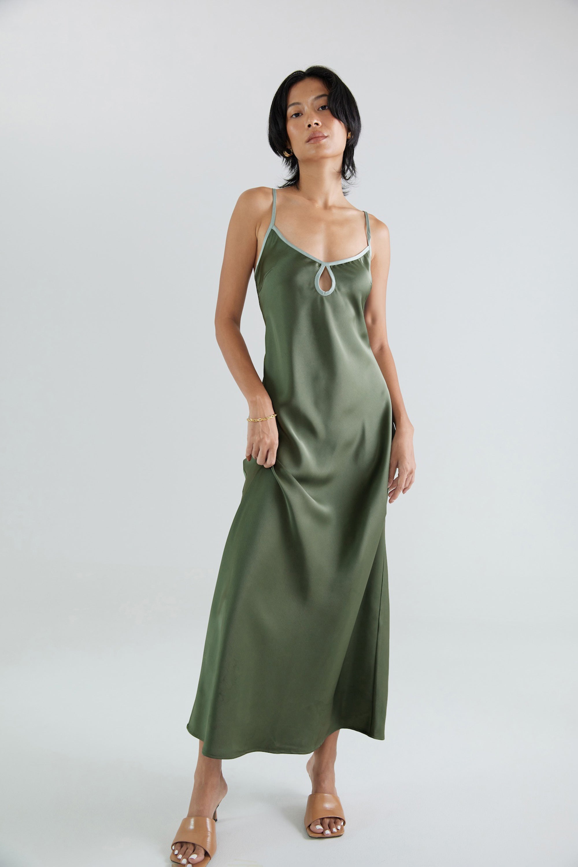 OTHER STORE Lume Olive Green Satin Slip Maxi Dress with Keyhole Cutout & Open Back